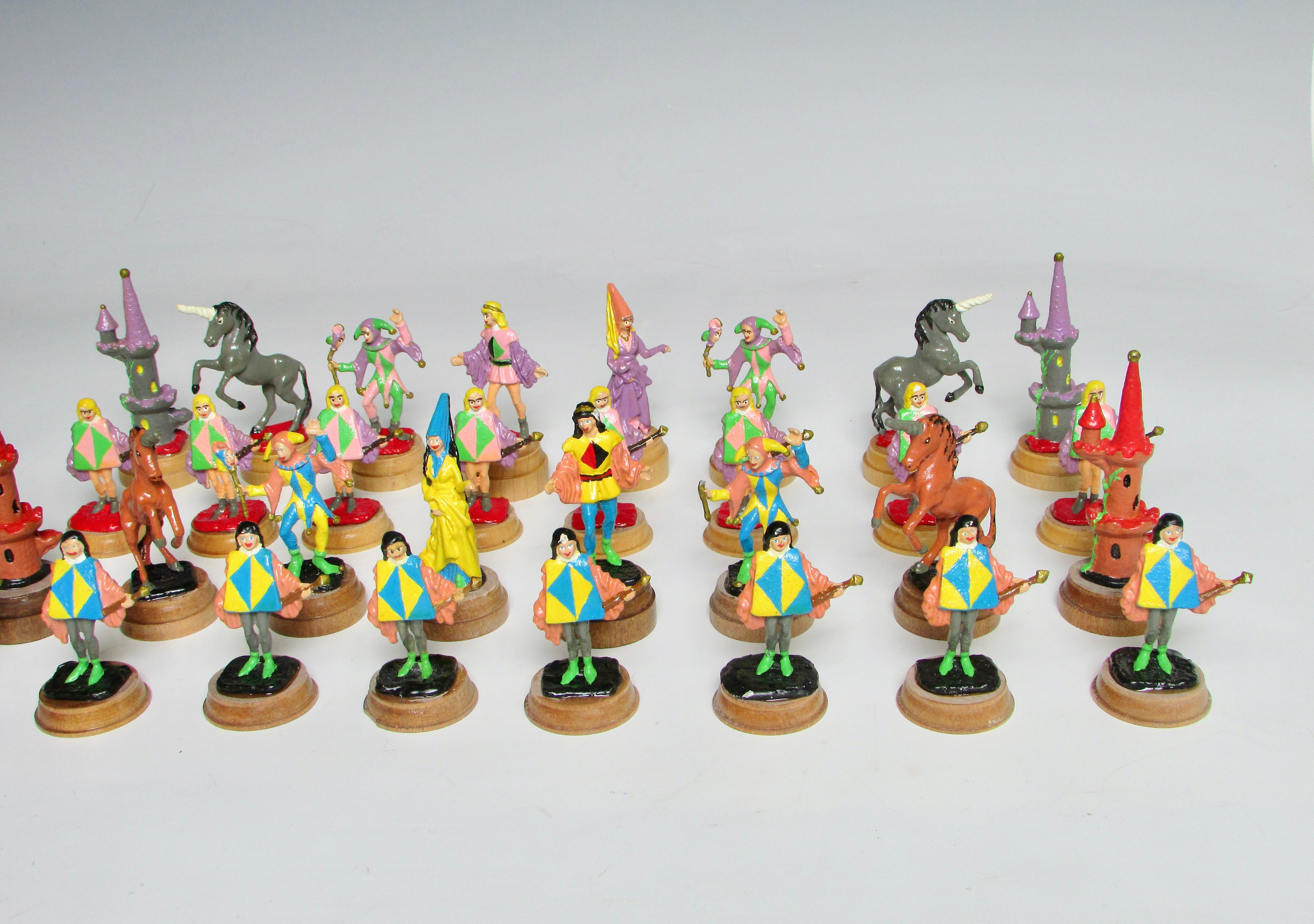 Hand Painted Fantasy Chess Pieces with Kings Queens Jesters Castles Unicorns For Sale 2