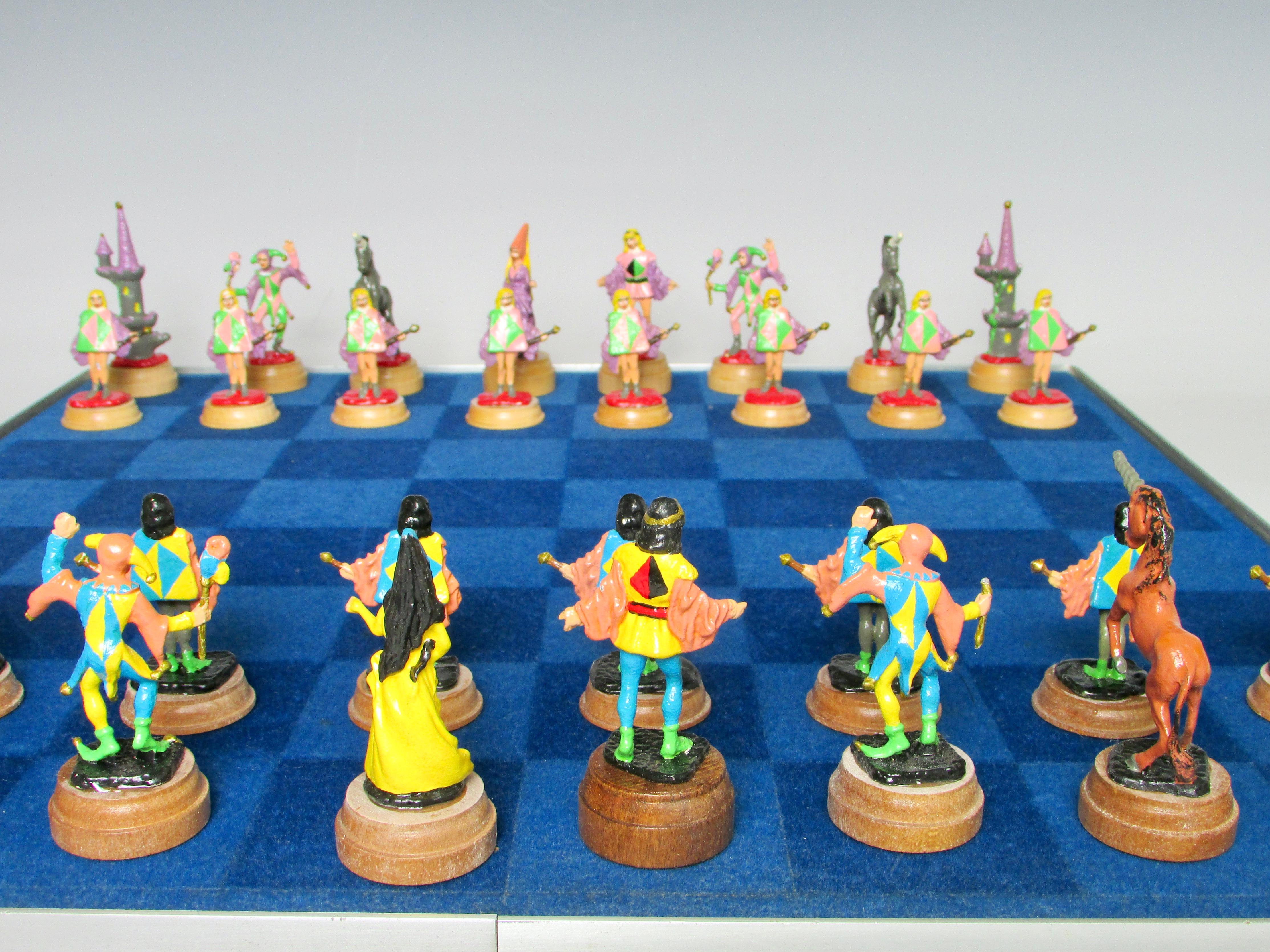 Hand Painted Fantasy Chess Pieces with Kings Queens Jesters Castles Unicorns For Sale 3