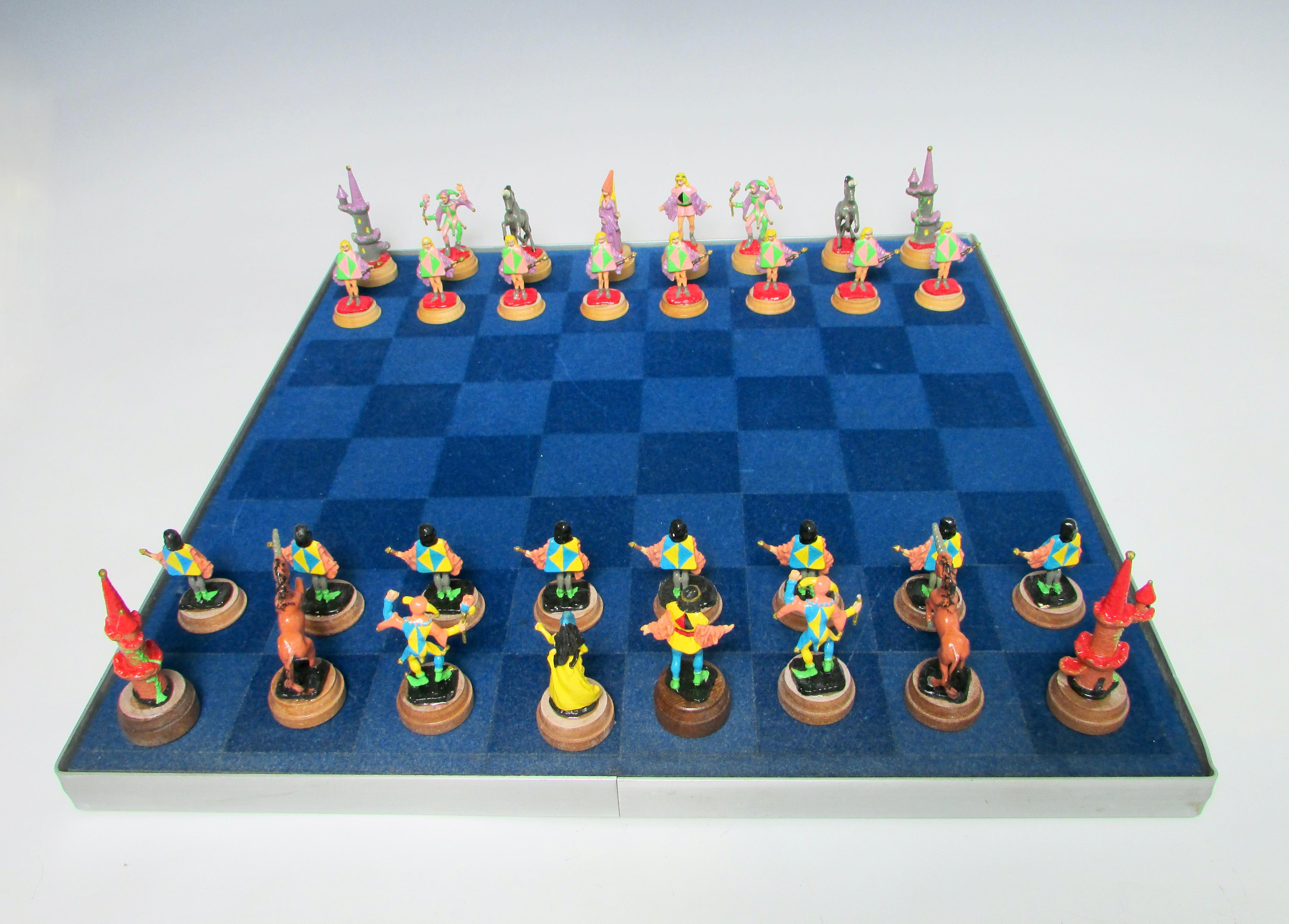 Hand Painted Fantasy Chess Pieces with Kings Queens Jesters Castles Unicorns For Sale 4