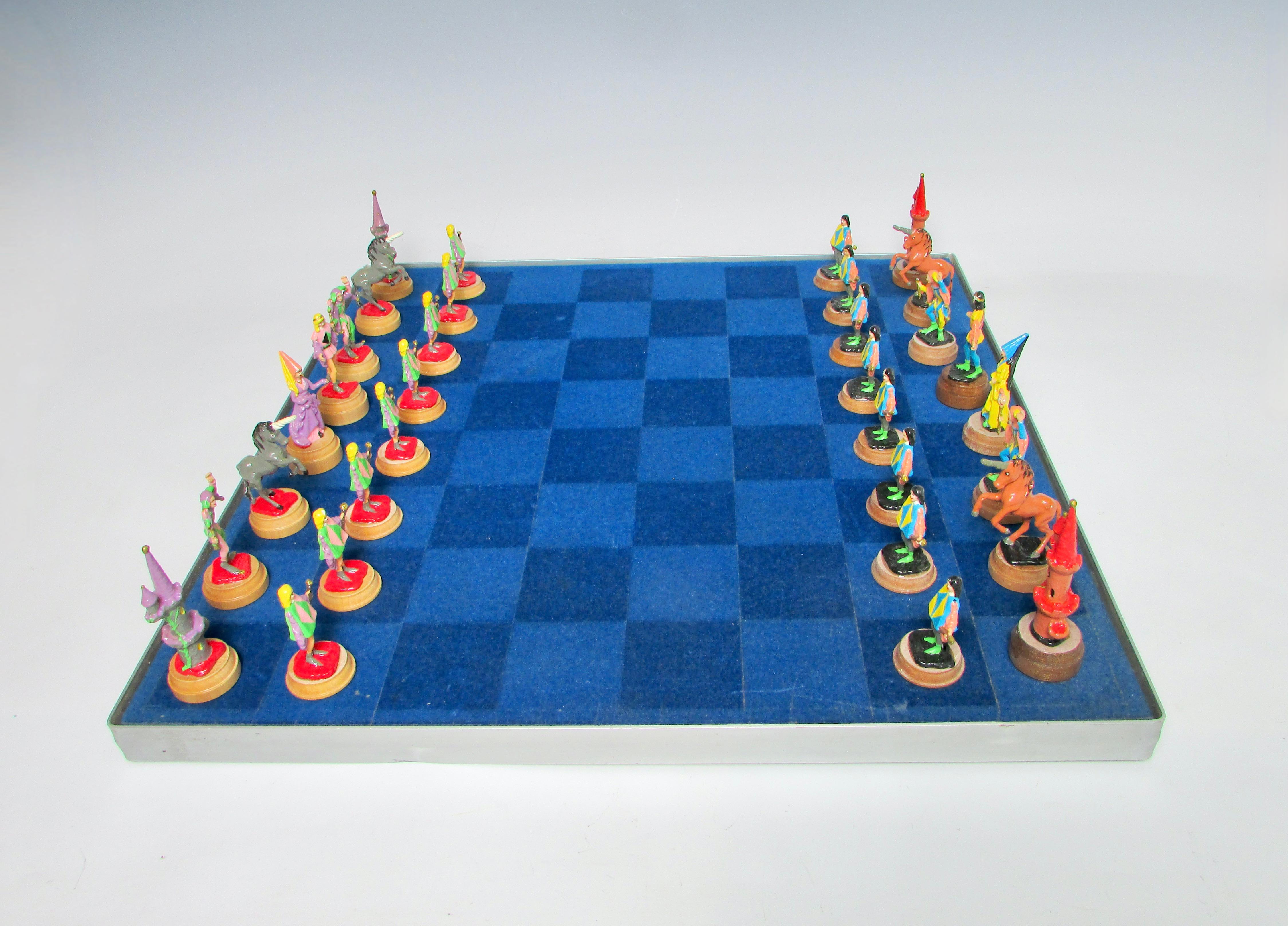 Hand Painted Fantasy Chess Pieces with Kings Queens Jesters Castles Unicorns For Sale 5