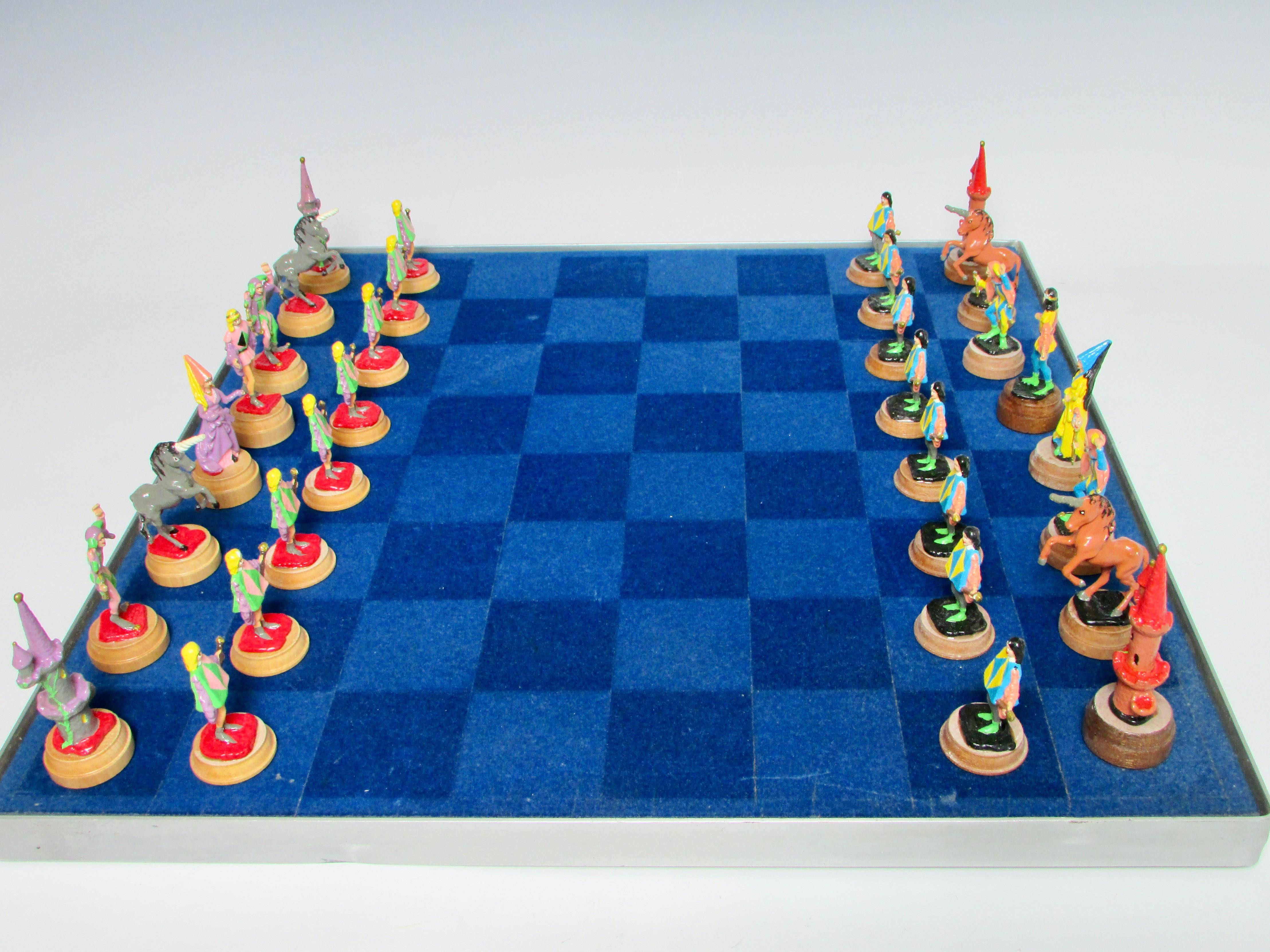 Hand Painted Fantasy Chess Pieces with Kings Queens Jesters Castles Unicorns For Sale 6