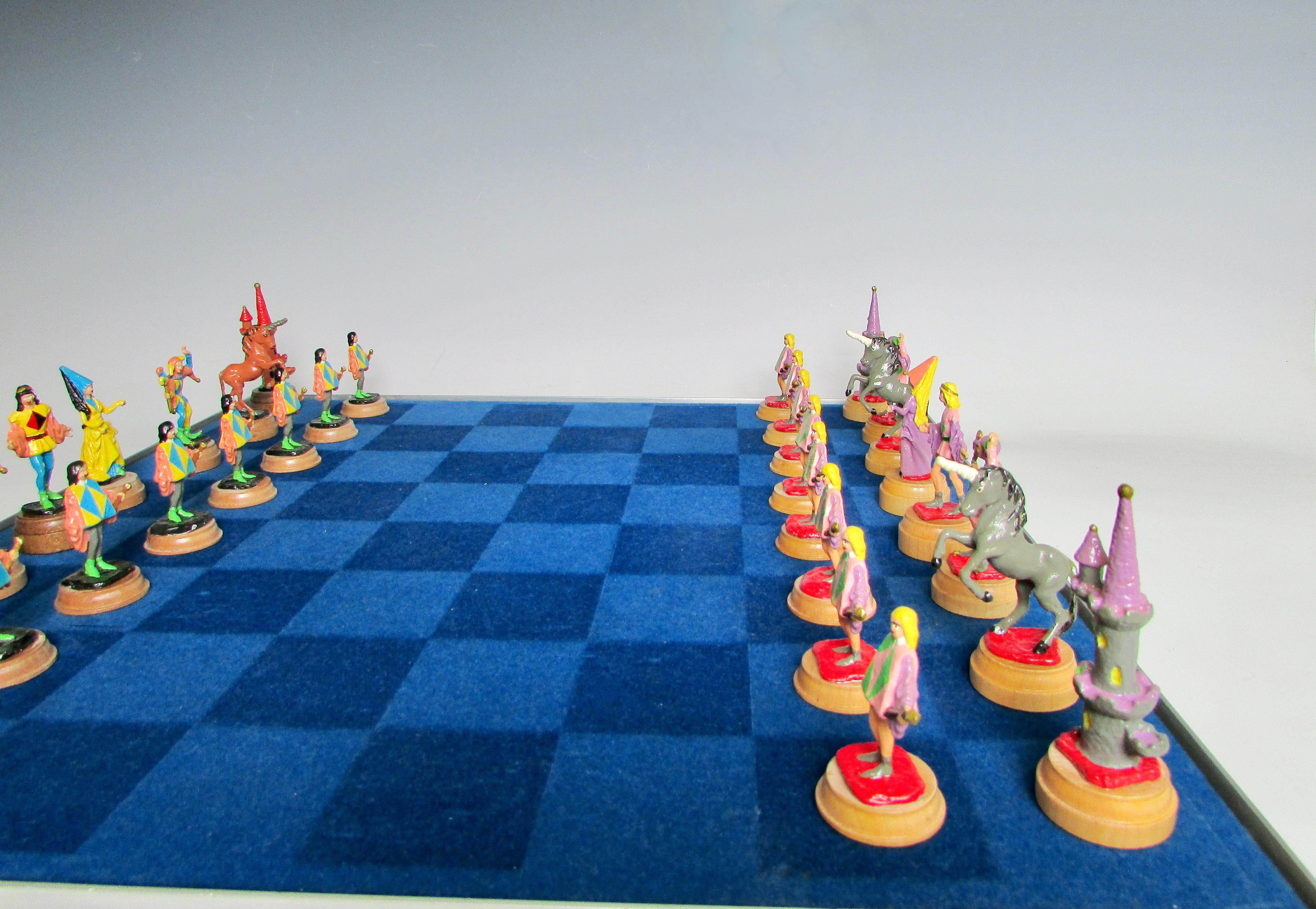 Hand Painted Fantasy Chess Pieces with Kings Queens Jesters Castles Unicorns For Sale 7