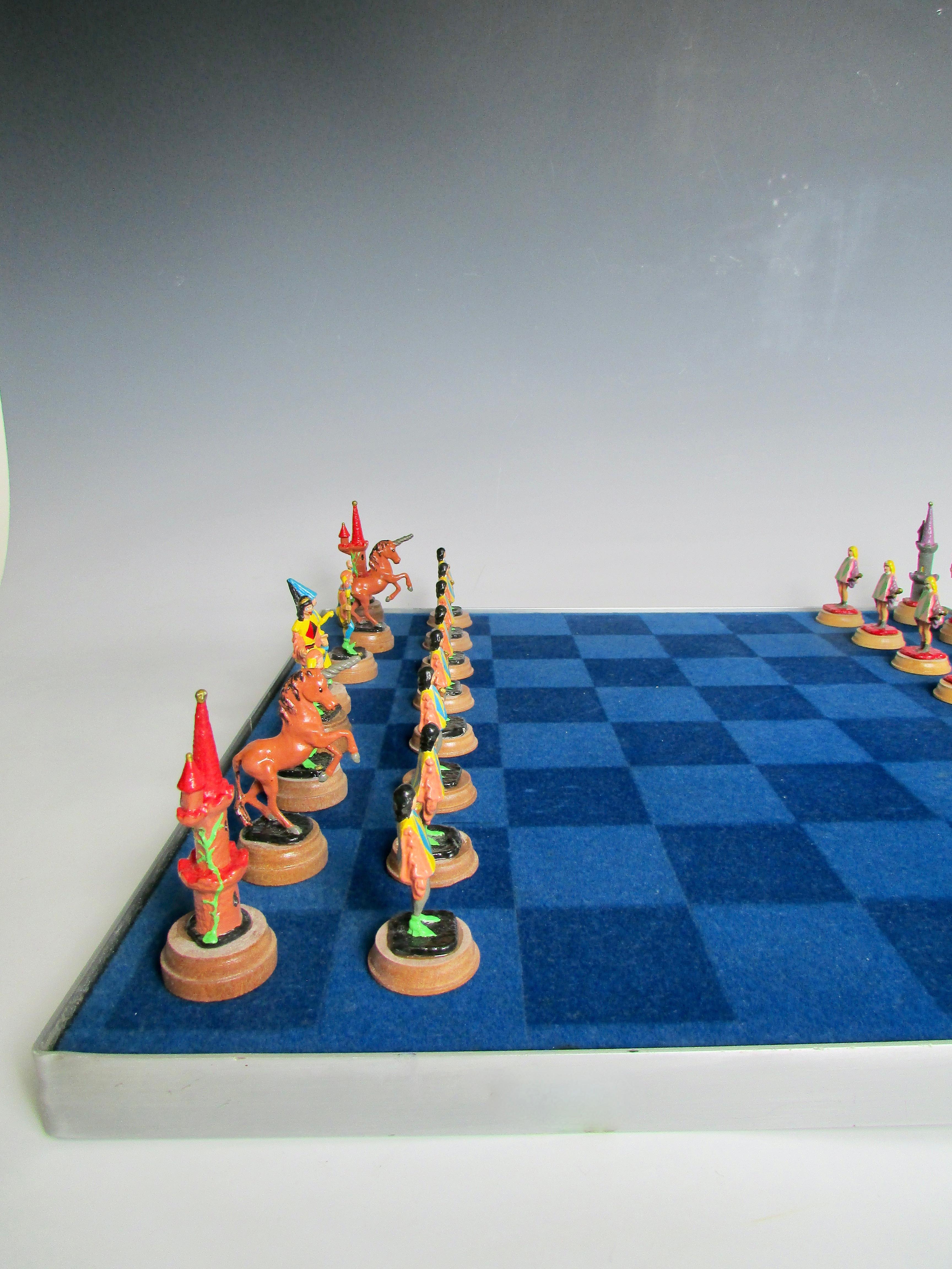 Hand Painted Fantasy Chess Pieces with Kings Queens Jesters Castles Unicorns For Sale 8