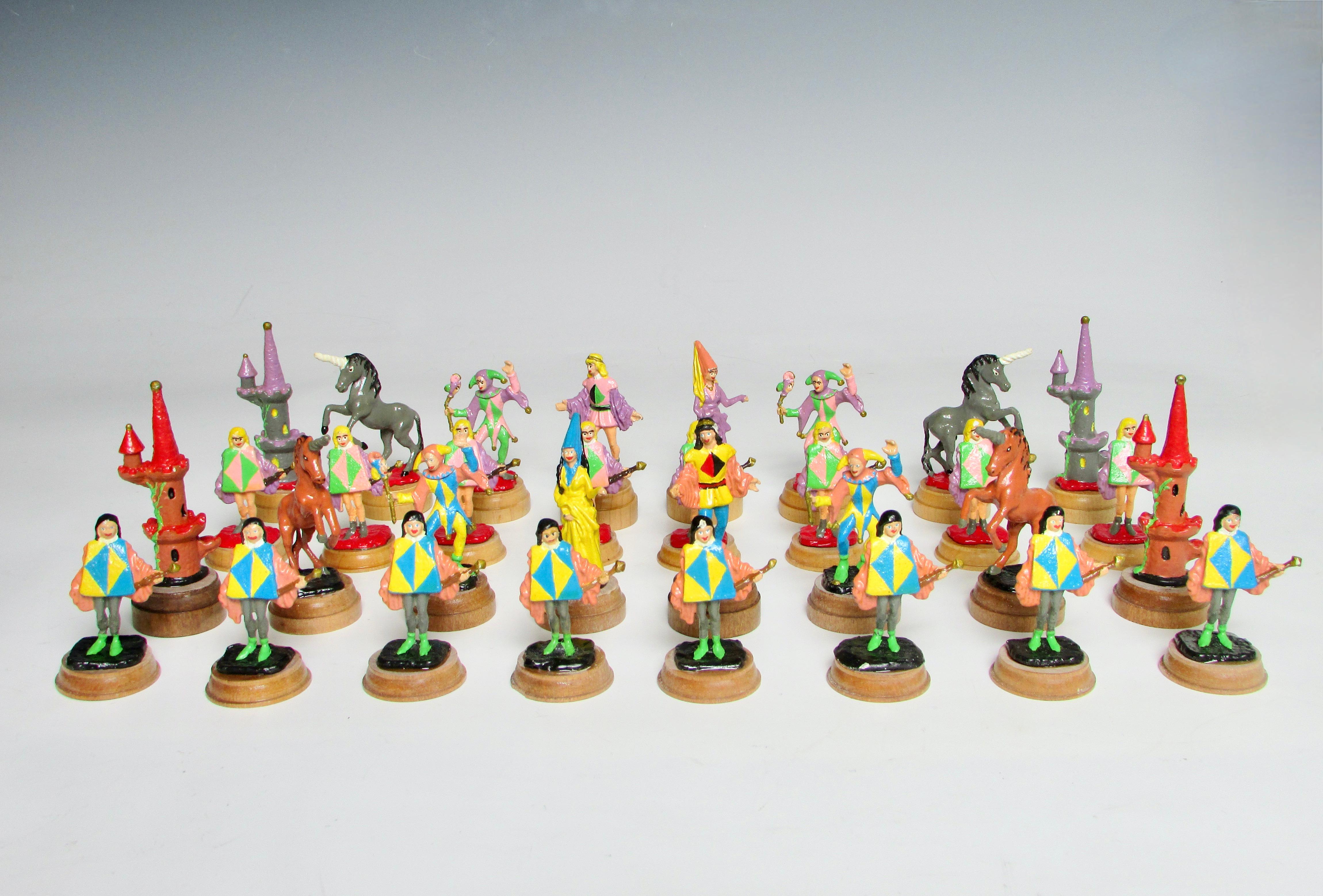 Board not included. Interesting set of lead soldier type figures each hand painted and mounted on turned wood disc bases. Castle as the rook is the largest piece at 3.5 tall, pages as pawns are 2.25 tall, bases have a 1.25 diameter. Unicorn serves