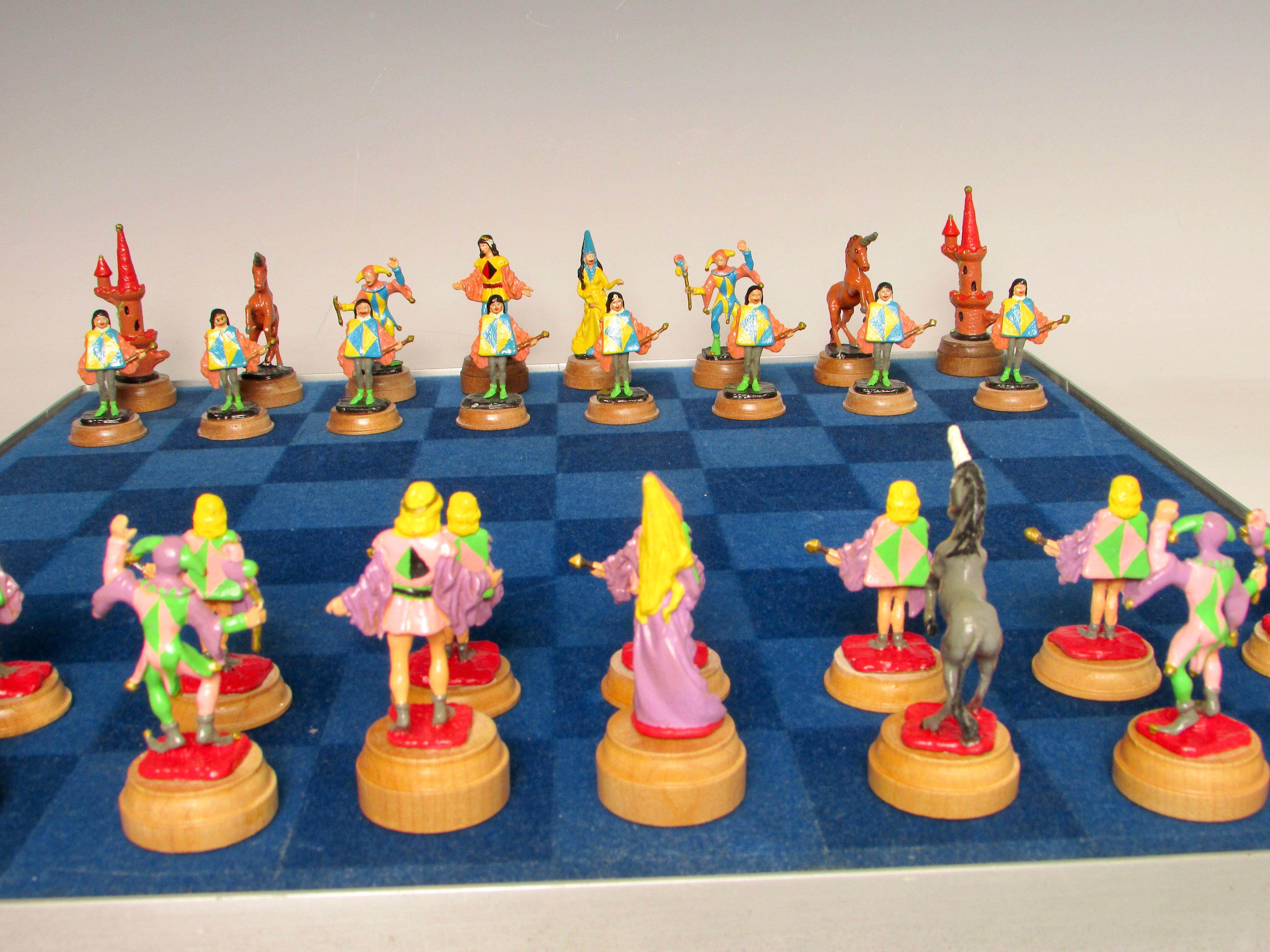 Hand Painted Fantasy Chess Pieces with Kings Queens Jesters Castles Unicorns For Sale 9