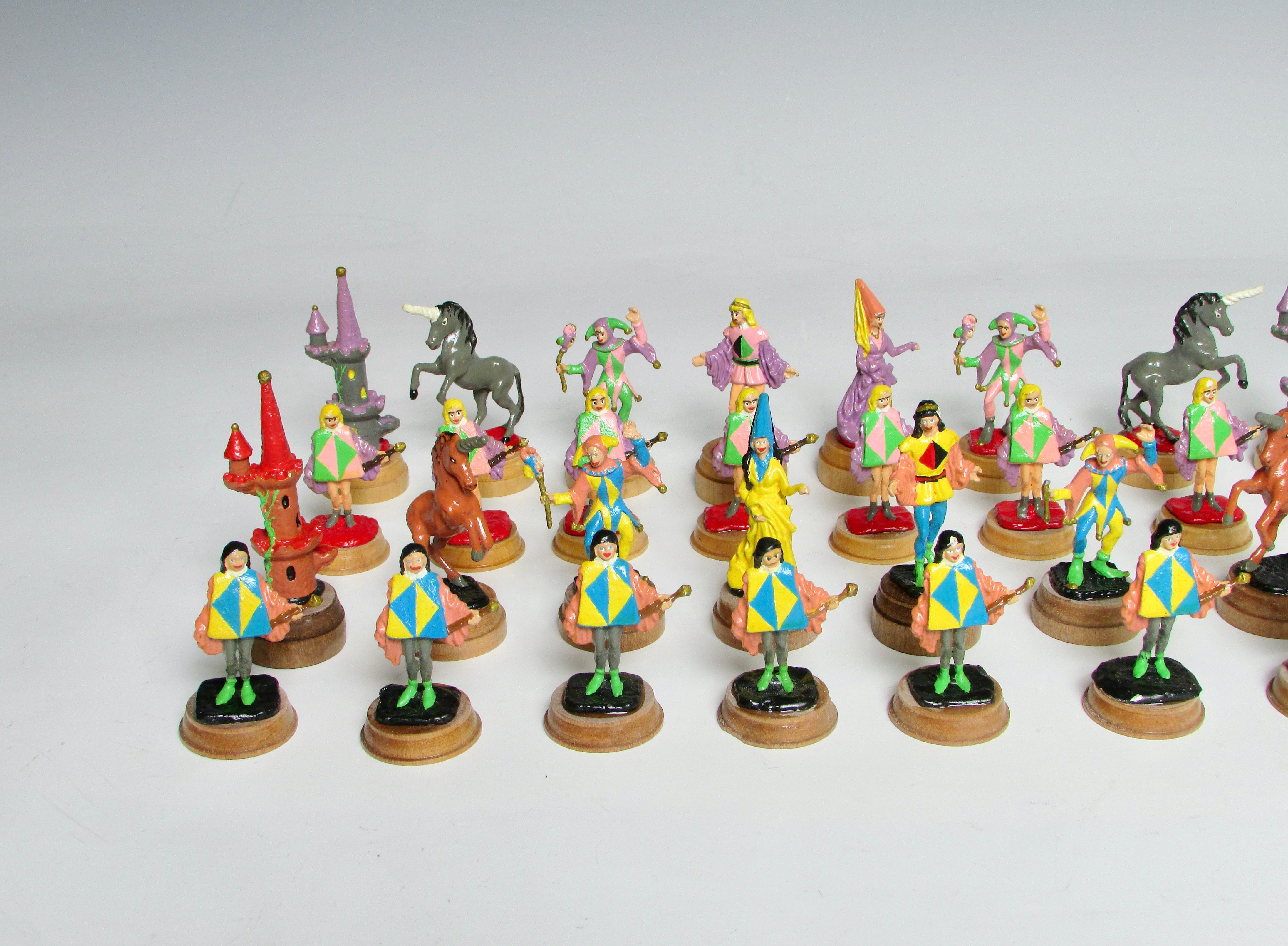 American Craftsman Hand Painted Fantasy Chess Pieces with Kings Queens Jesters Castles Unicorns For Sale