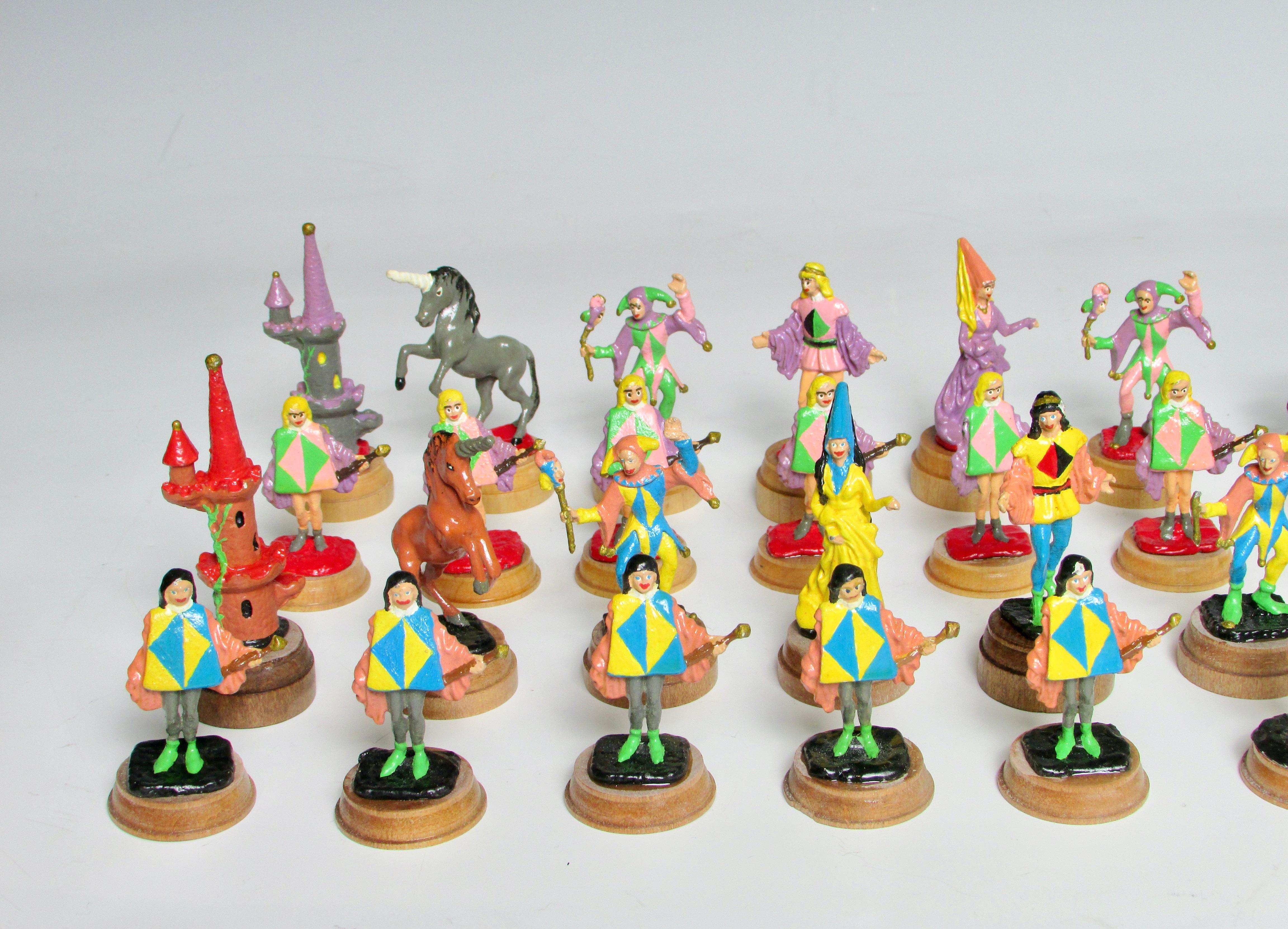 American Hand Painted Fantasy Chess Pieces with Kings Queens Jesters Castles Unicorns For Sale