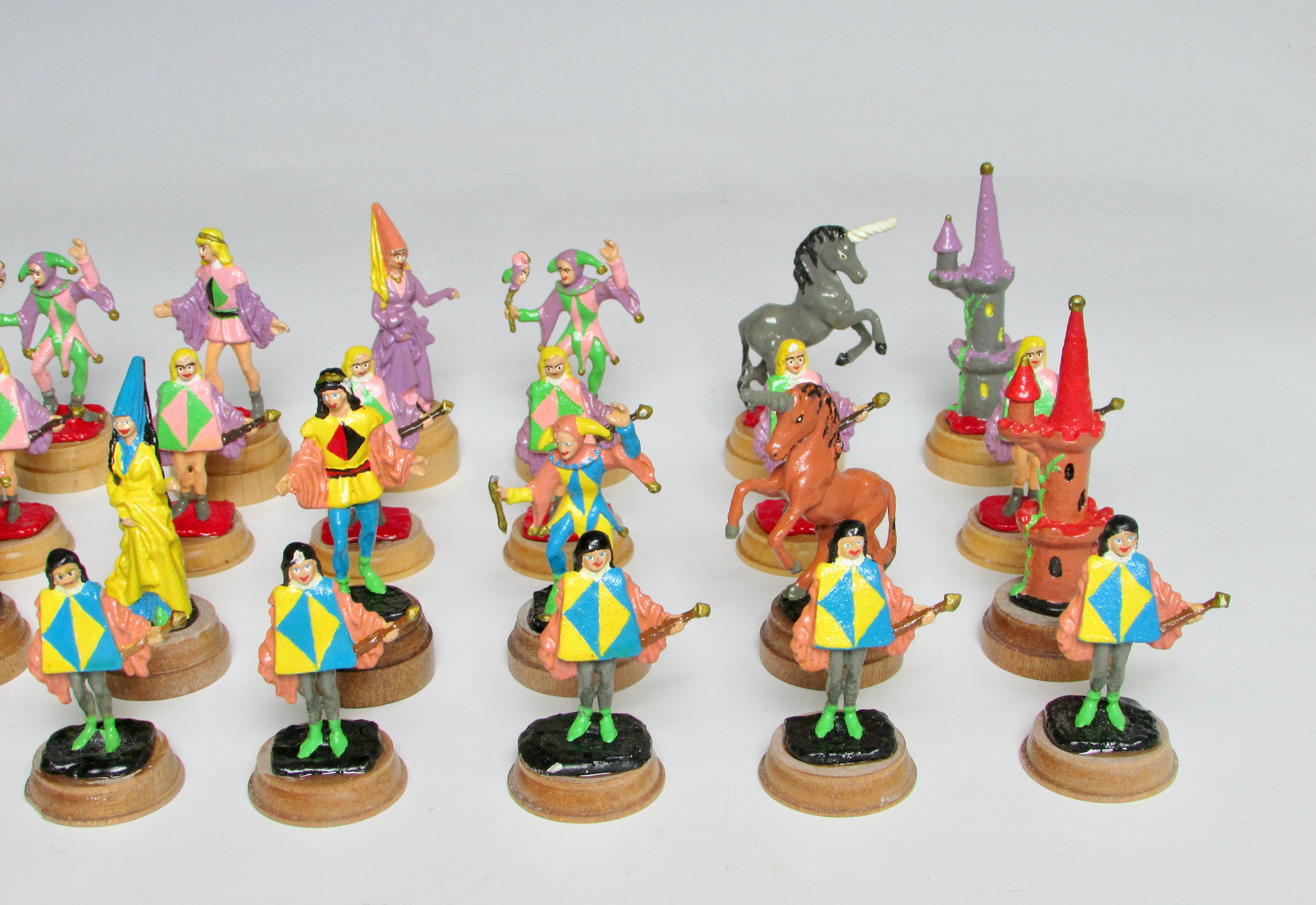 Hand-Painted Hand Painted Fantasy Chess Pieces with Kings Queens Jesters Castles Unicorns For Sale