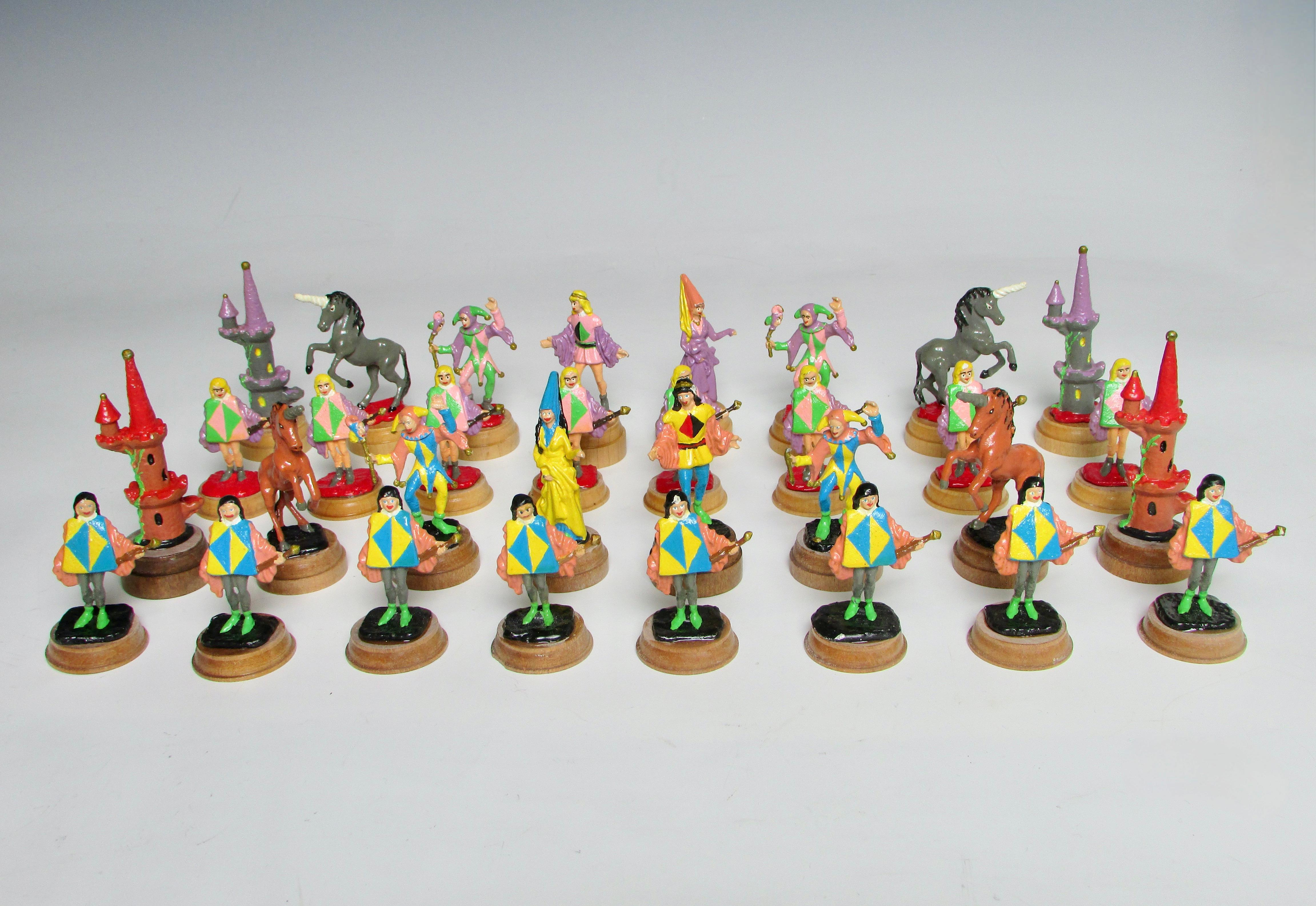 Hand Painted Fantasy Chess Pieces with Kings Queens Jesters Castles Unicorns In Good Condition For Sale In Ferndale, MI