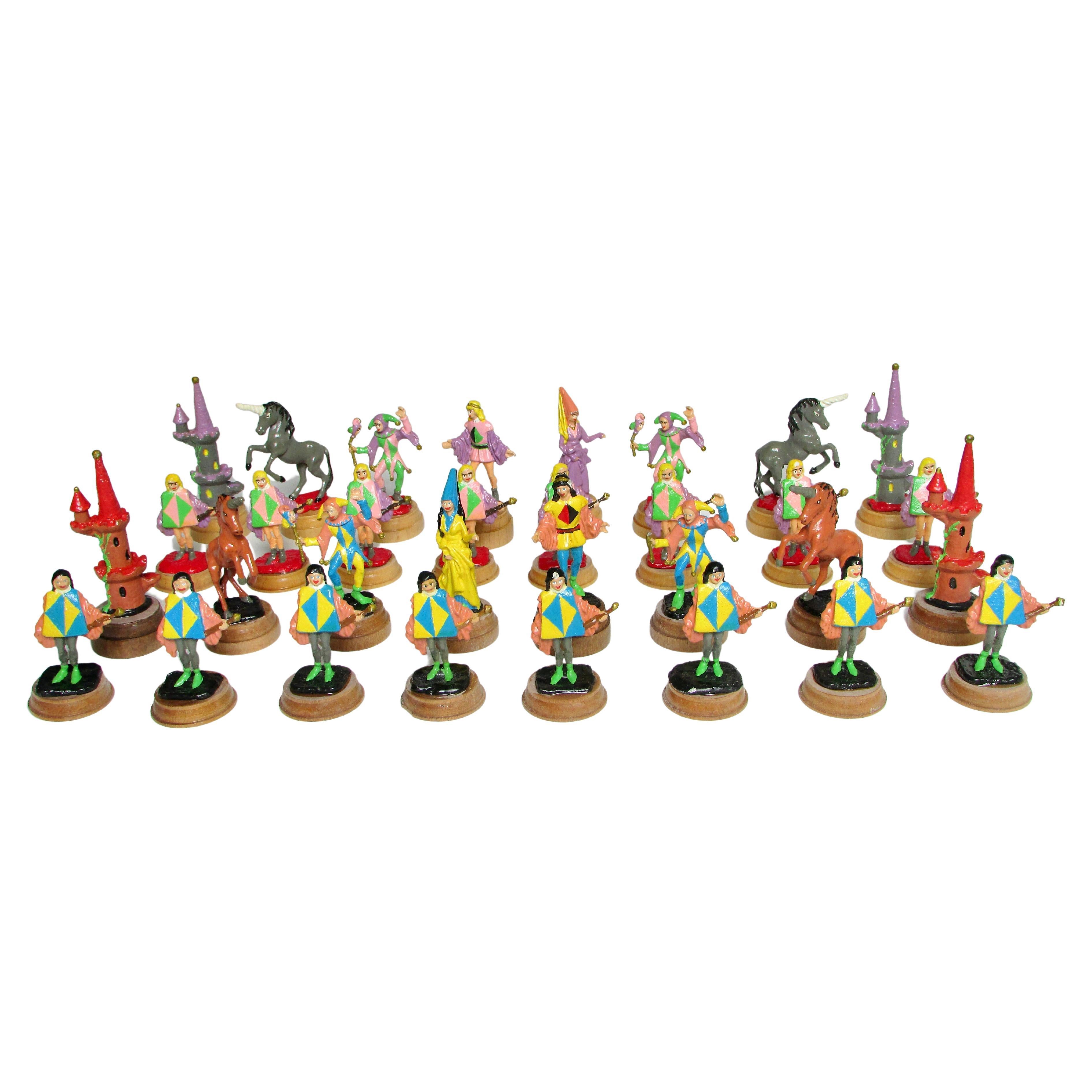 Hand Painted Fantasy Chess Pieces with Kings Queens Jesters Castles Unicorns