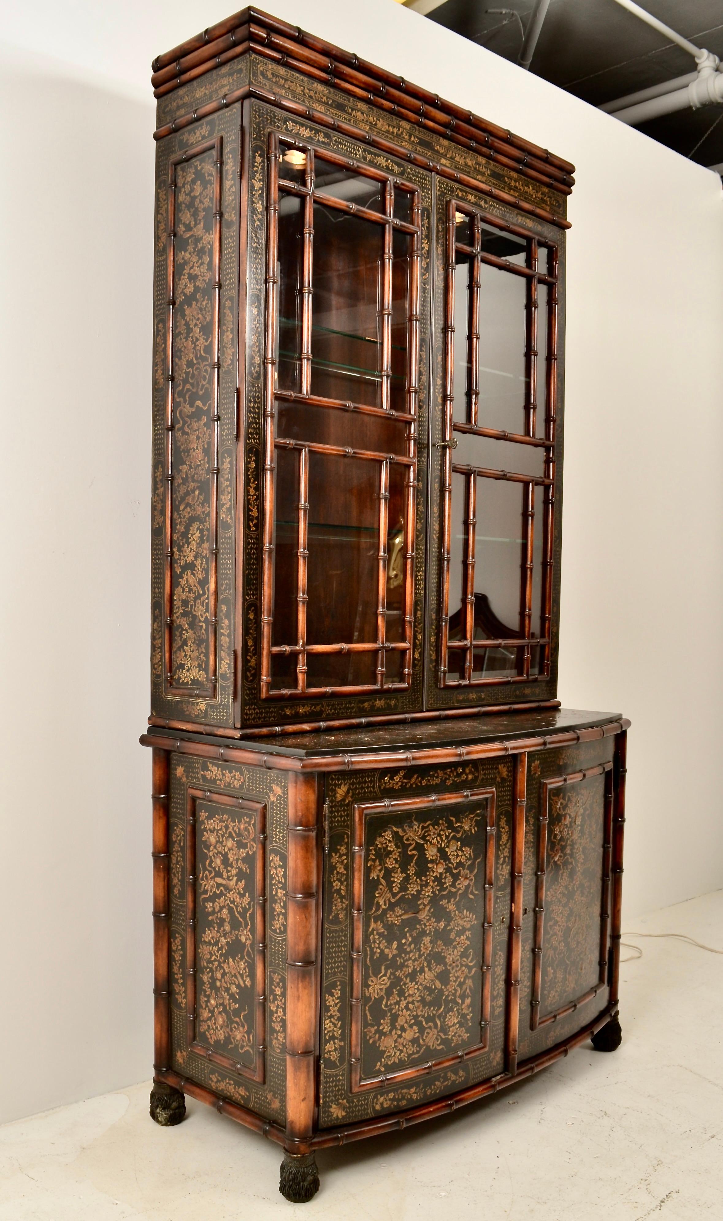 Chinoiserie Hand painted Faux Bamboo Breakfront Bookcase 