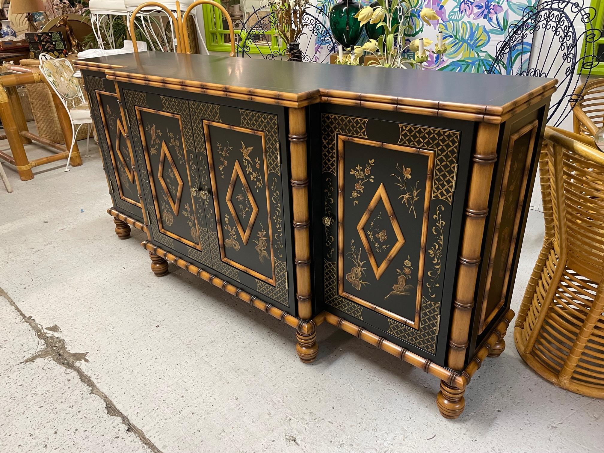 Chinoiserie Hand Painted Faux Bamboo Breakfront Credenza