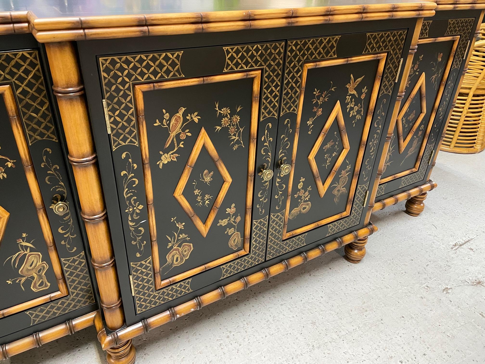 Hand Painted Faux Bamboo Breakfront Credenza In Good Condition In Jacksonville, FL
