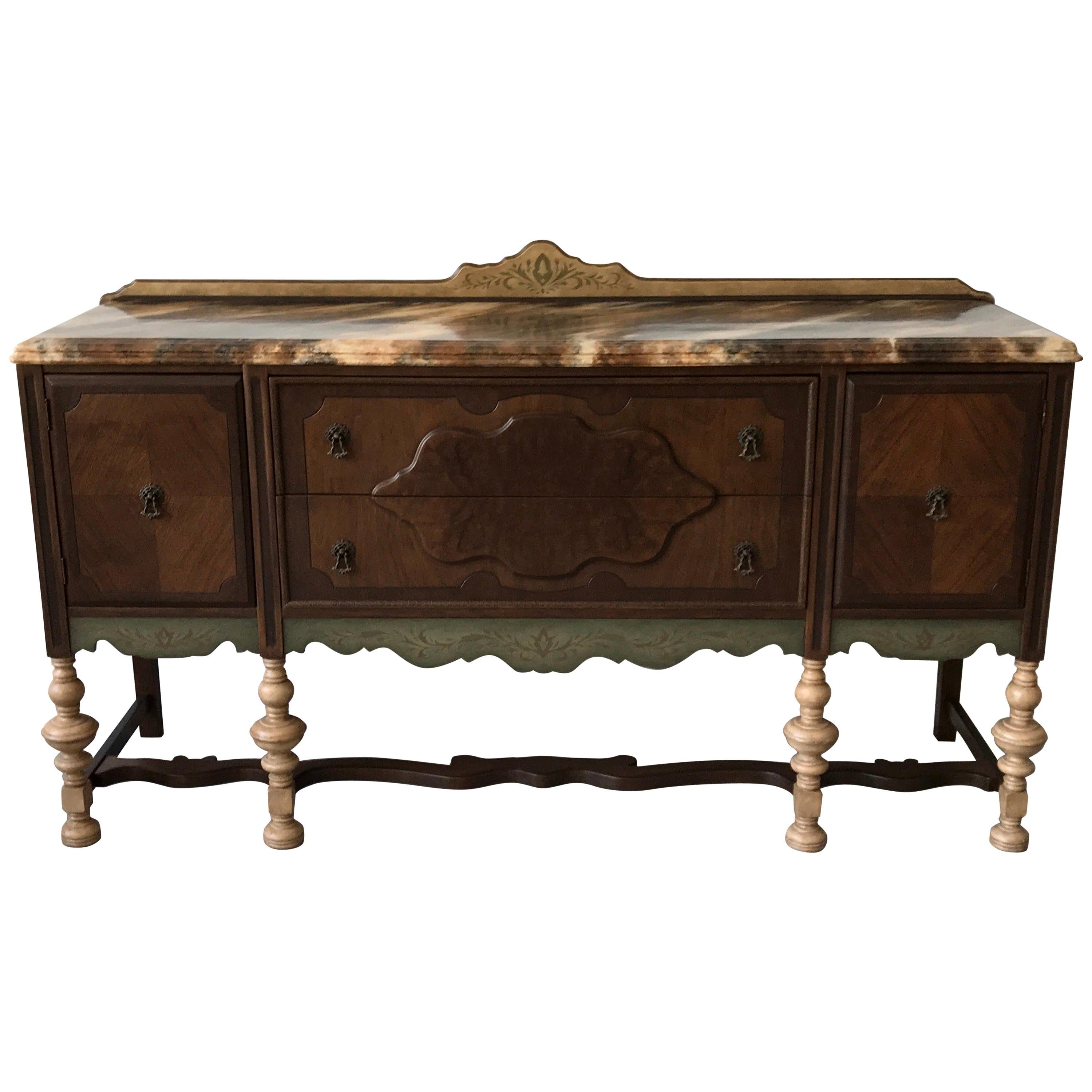 Hand-Painted Faux Marble-Top Oak Buffet Sideboard, 19th Century For Sale