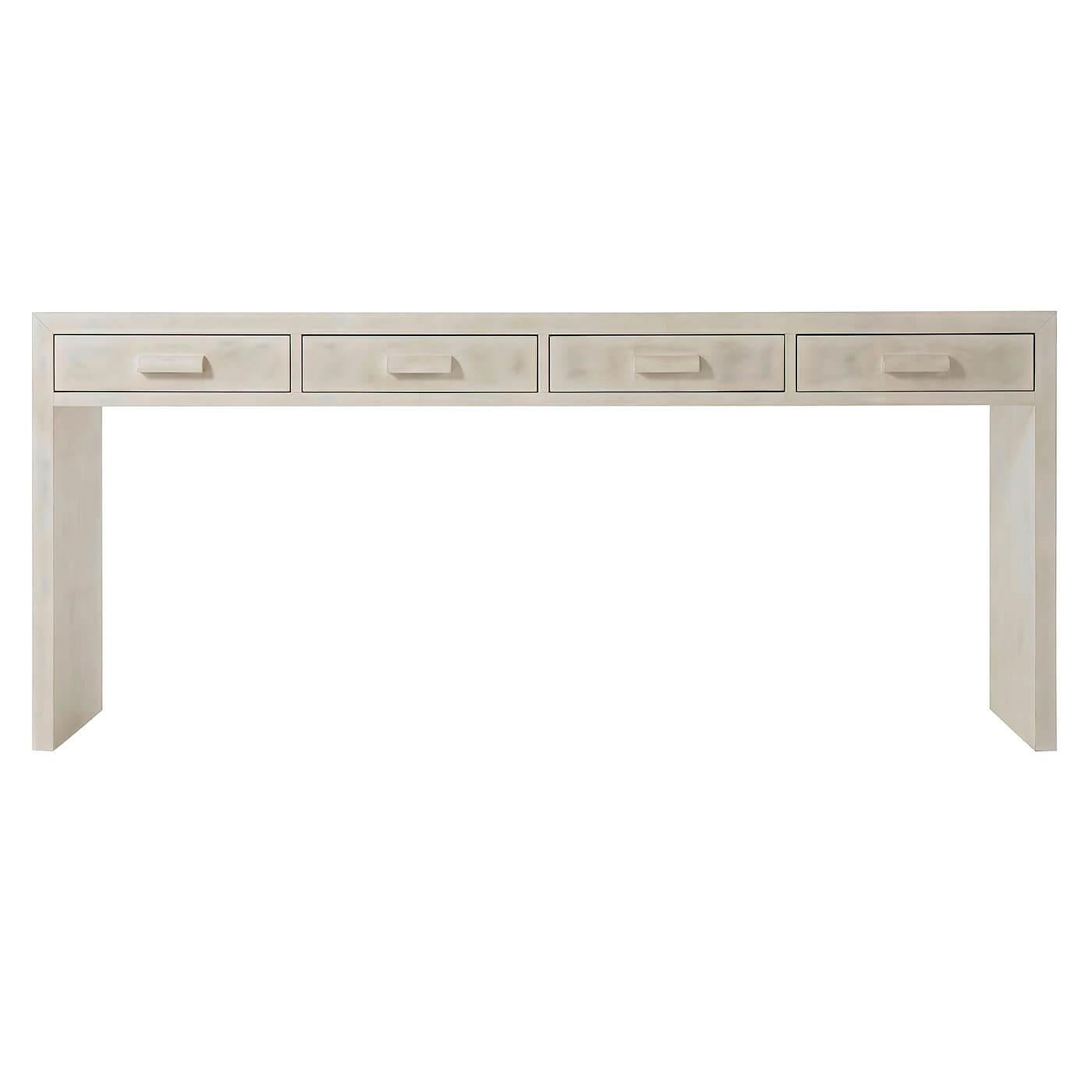 Modern hand-painted faux parchment console table with four drawers having soft closing mechanisms, on waterfall trestle ends.

Dimensions: 70