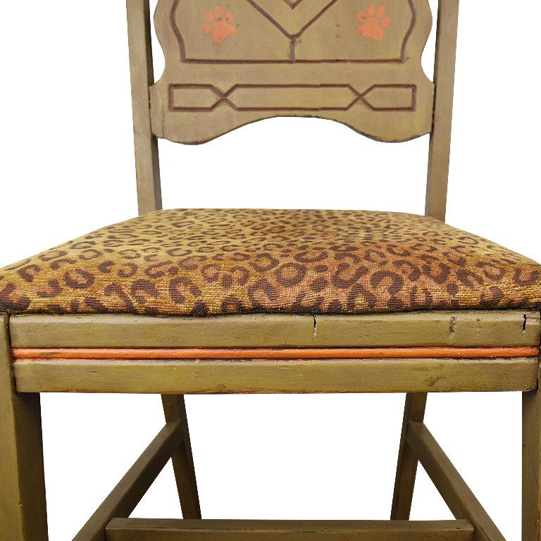 Folk Art Hand Painted Feline Motif Upholstered Leopard Print Wood Chair in Green & Orange For Sale