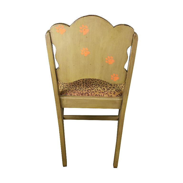 Hand Painted Feline Motif Upholstered Leopard Print Wood Chair in Green & Orange In Good Condition For Sale In Oklahoma City, OK
