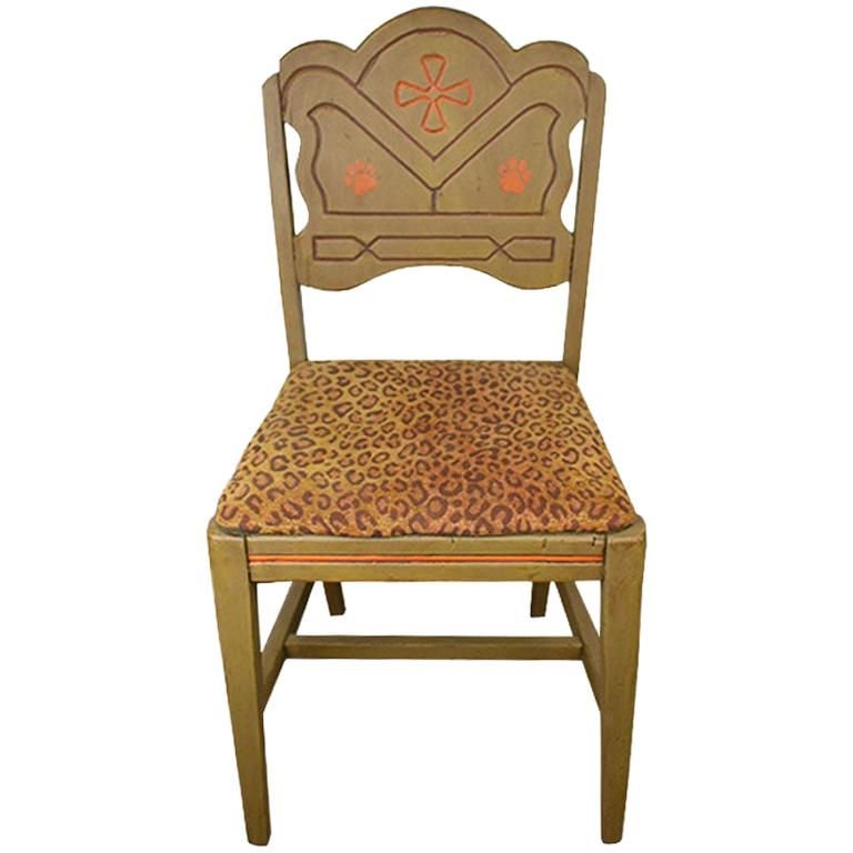 Hand Painted Feline Motif Upholstered Leopard Print Wood Chair in Green & Orange For Sale