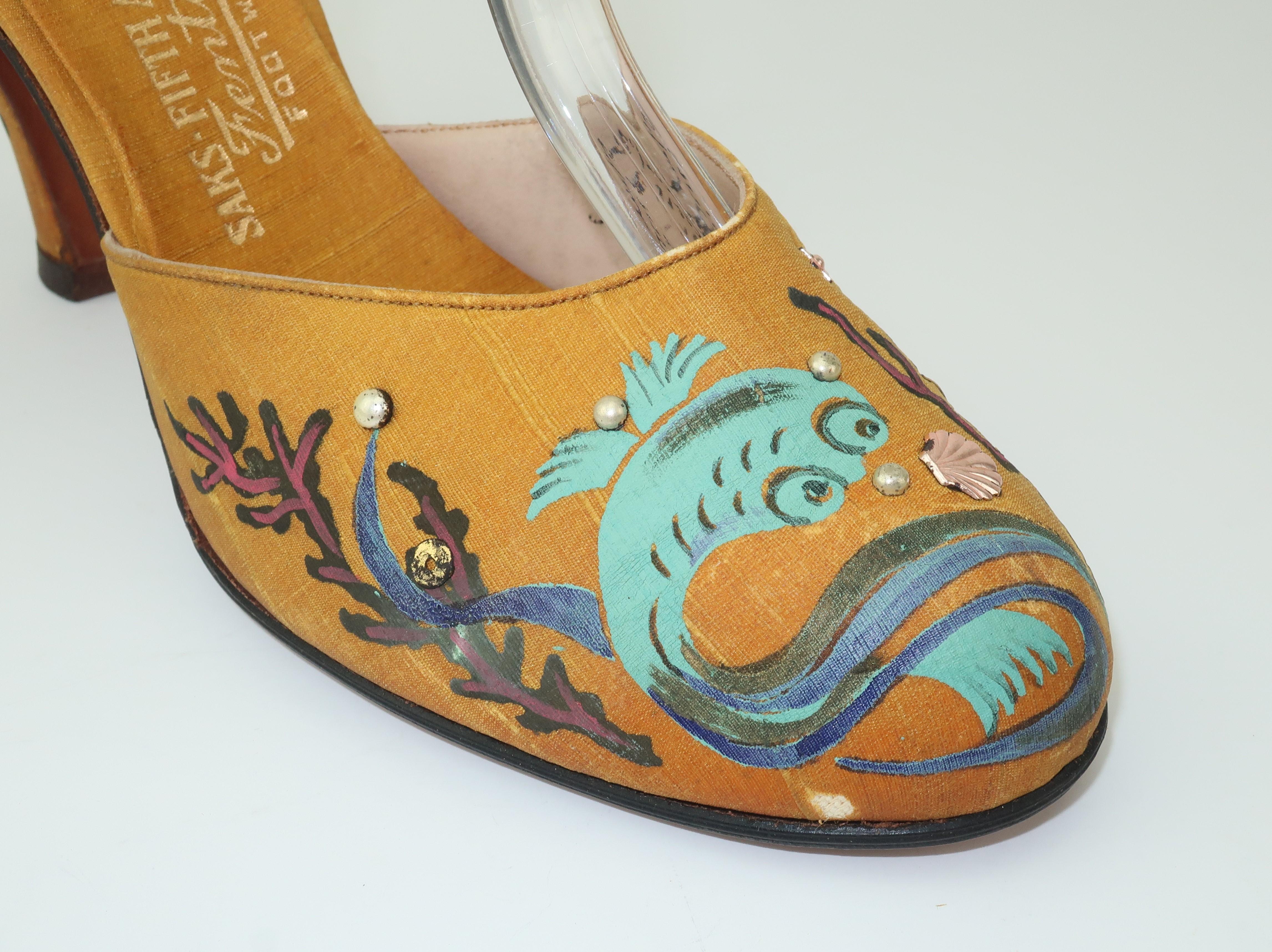 Brown Hand Painted Fenton Silk Shoes For Saks Fifth Avenue, 1930's