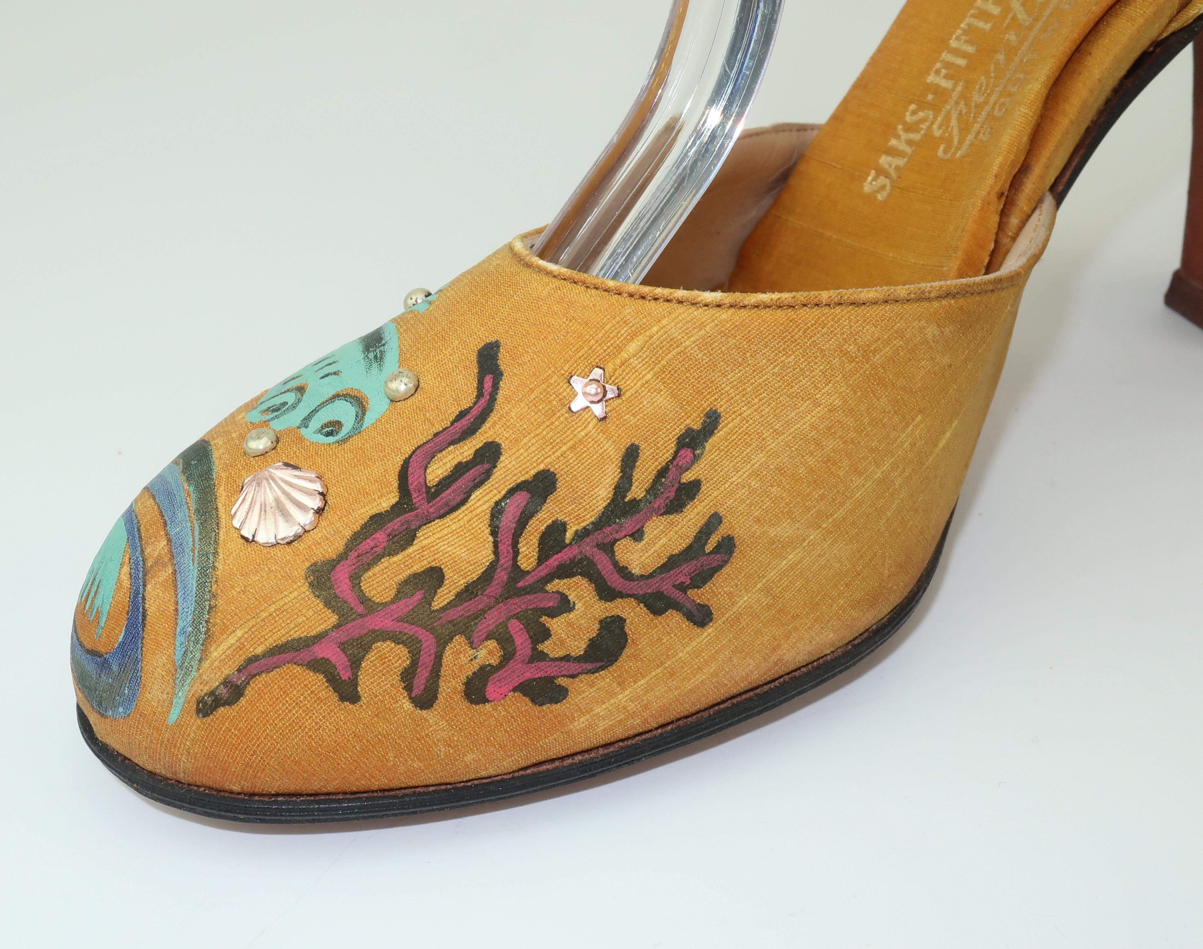 Hand Painted Fenton Silk Shoes For Saks Fifth Avenue, 1930's In Fair Condition In Atlanta, GA