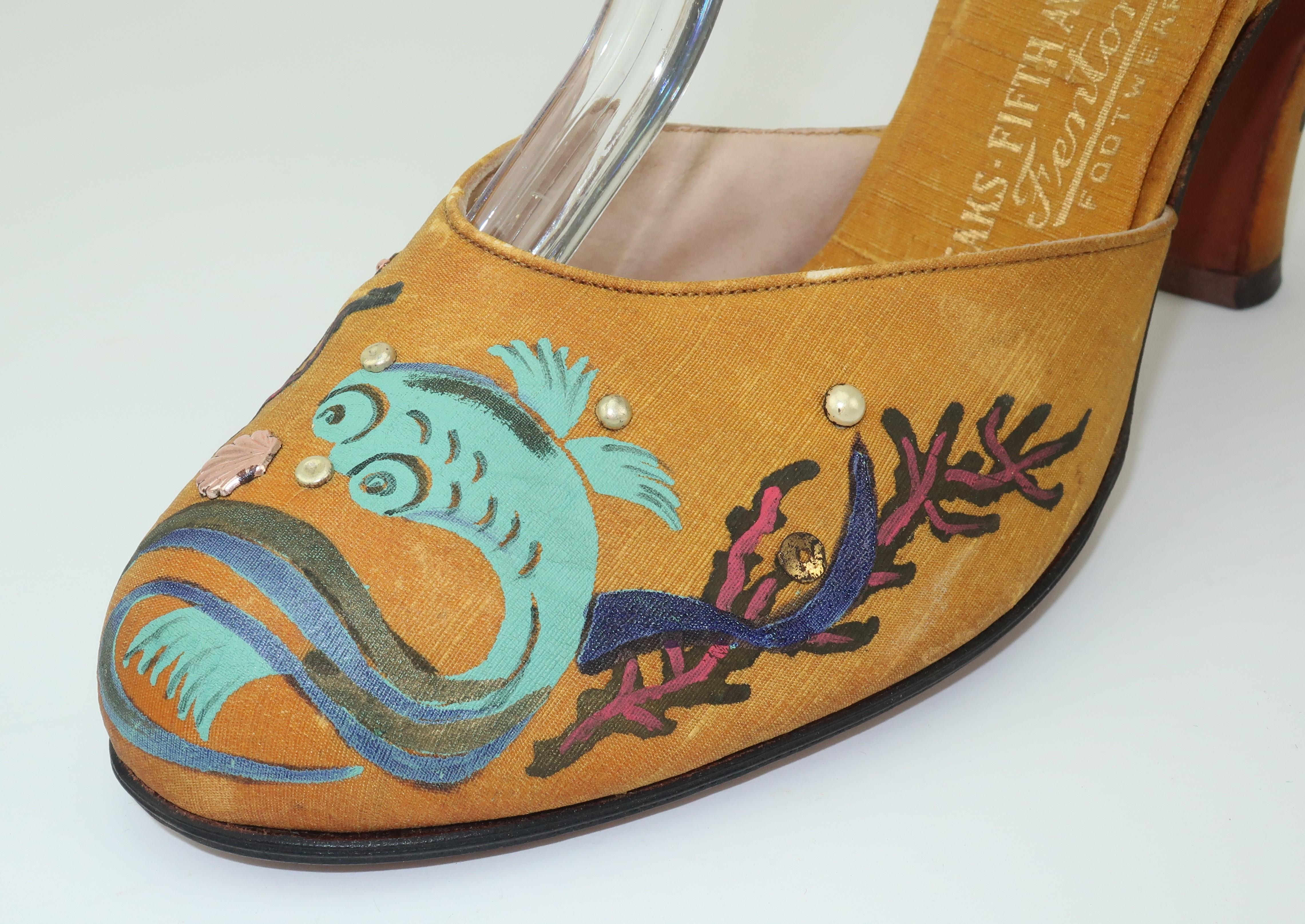 Women's Hand Painted Fenton Silk Shoes For Saks Fifth Avenue, 1930's