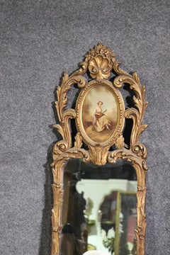 Hand Painted Figural Carved Gilded Narrow French Louis XV Mirror, circa 1920