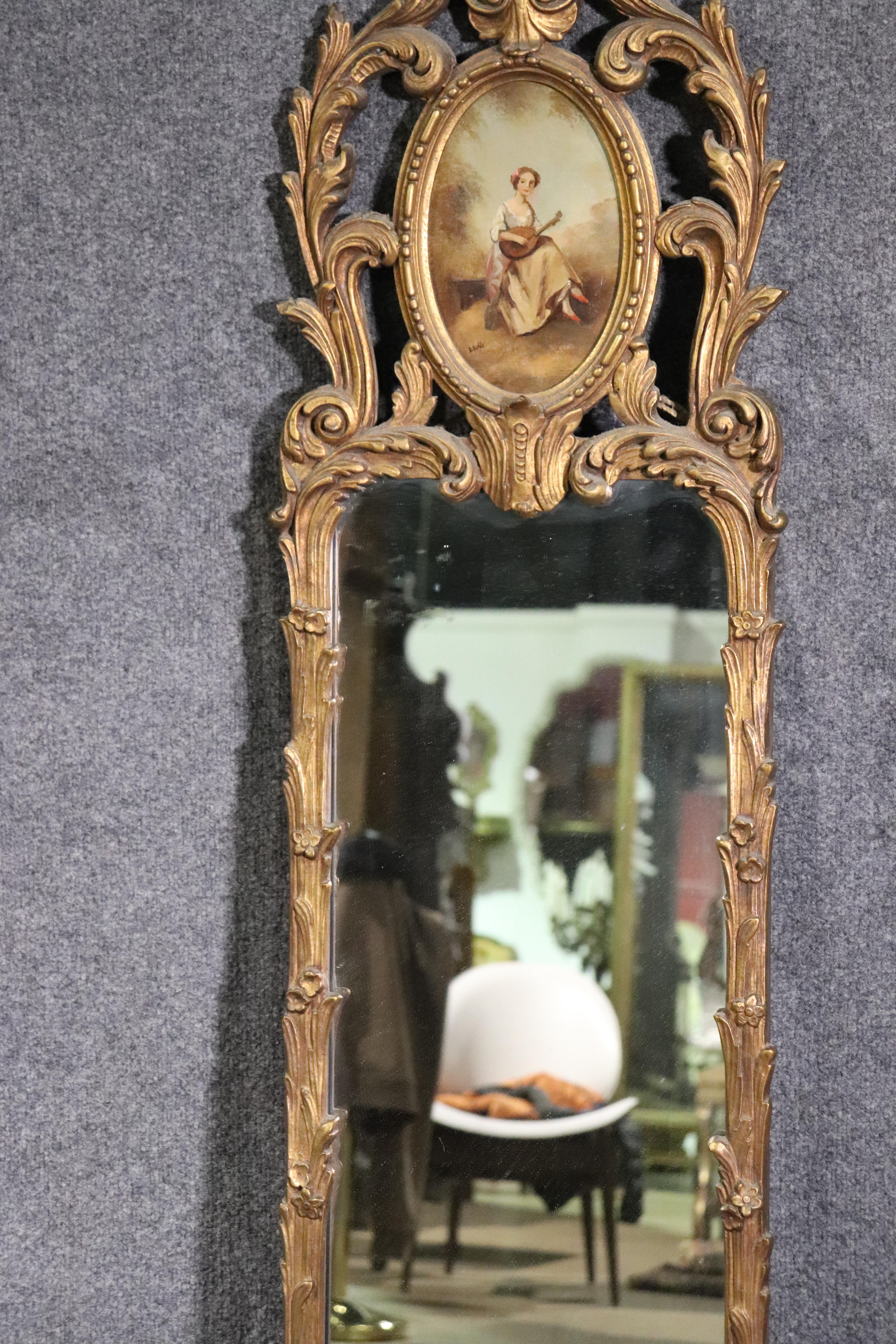 Hand Painted Figural Carved Gilded Narrow French Louis XV Mirror, circa 1920 In Good Condition In Swedesboro, NJ