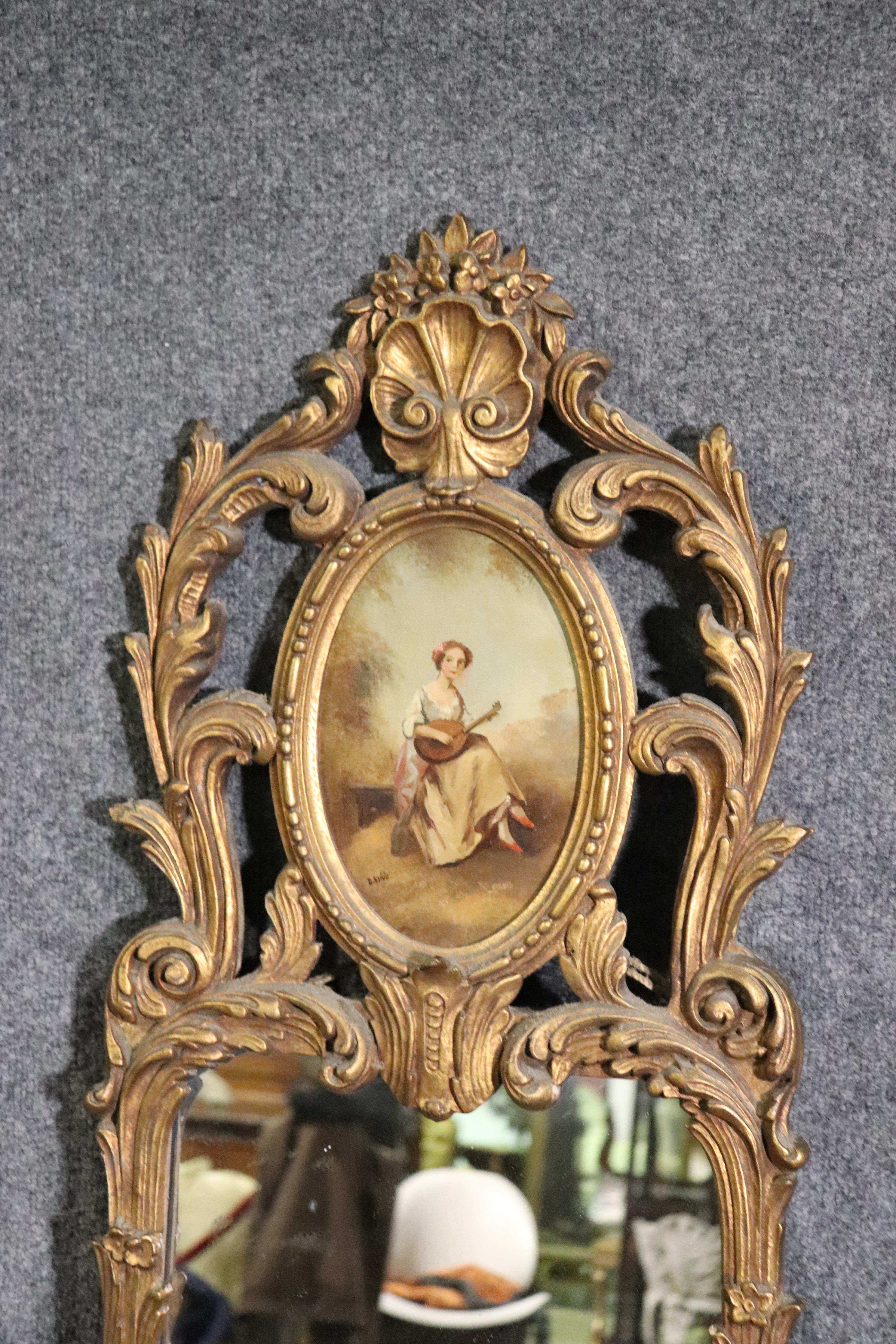 Hand Painted Figural Carved Gilded Narrow French Louis XV Mirror, circa 1920 1