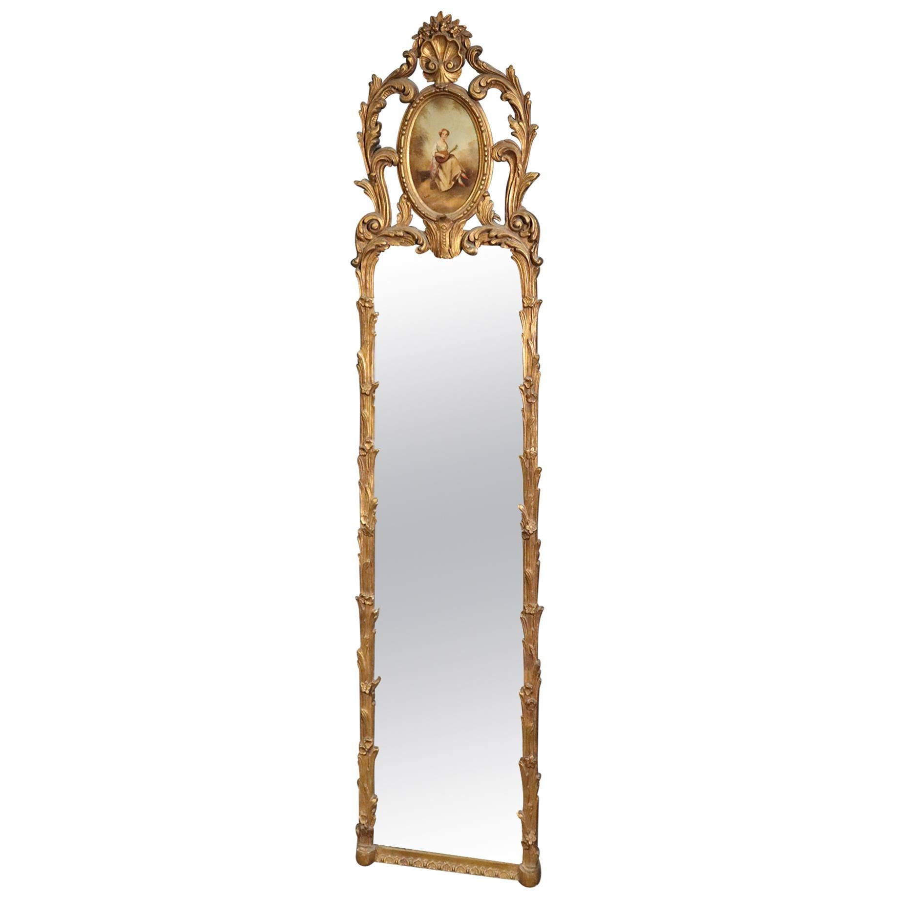 Hand Painted Figural Carved Gilded Narrow French Louis XV Mirror, circa 1920