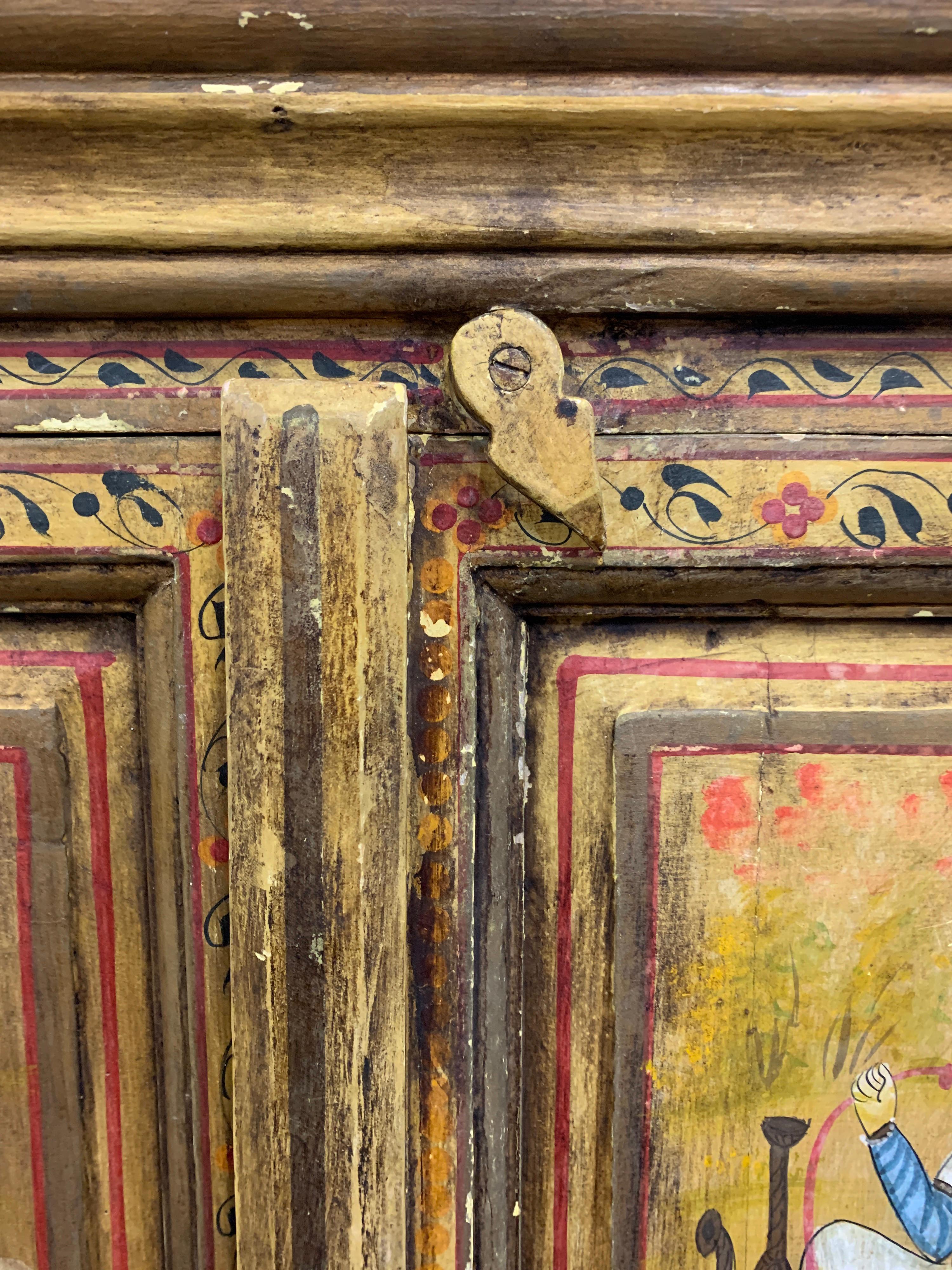 Wood Hand Painted Figurative Cupboard Small Armoire Cabinet Almirah, India