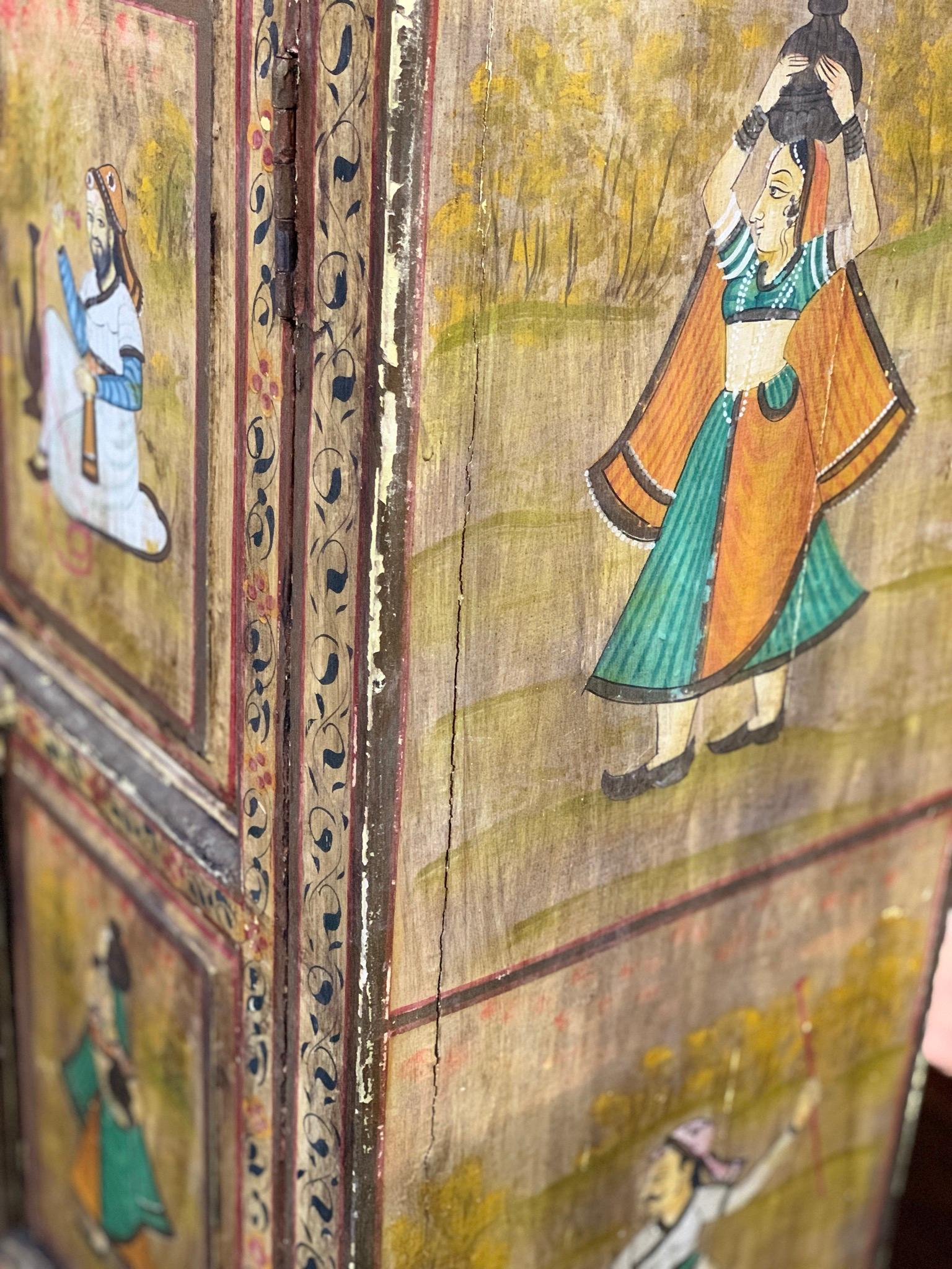 Mid-Century Modern Hand Painted Figurative Cupboard Small Armoire Cabinet Almirah, India