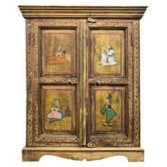 Retro Hand Painted Figurative Cupboard Small Armoire Cabinet Almirah, India