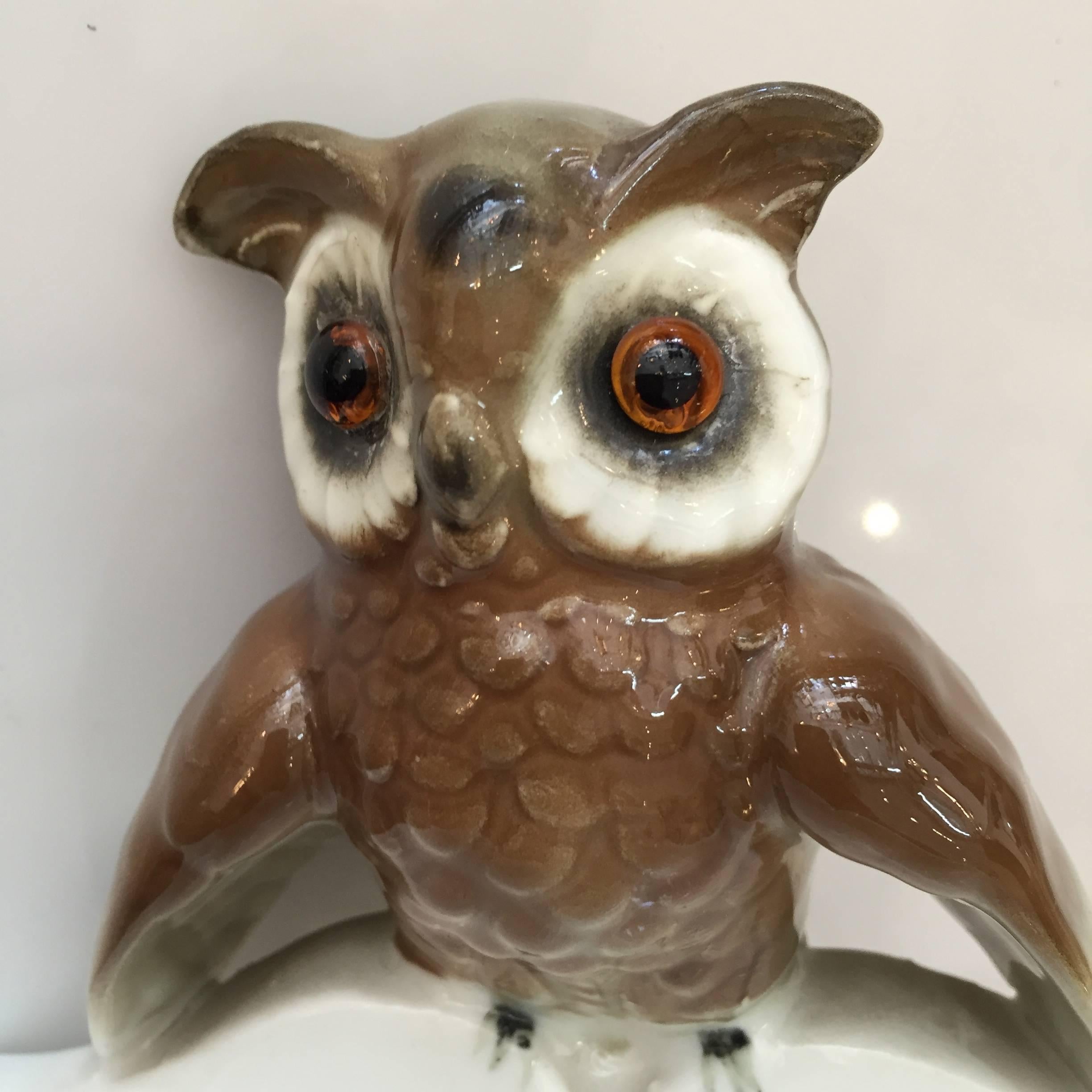 Hand painted porcelain ring tray with an owl perched on an open book complete with glass eyes.

Hallmark reads, 