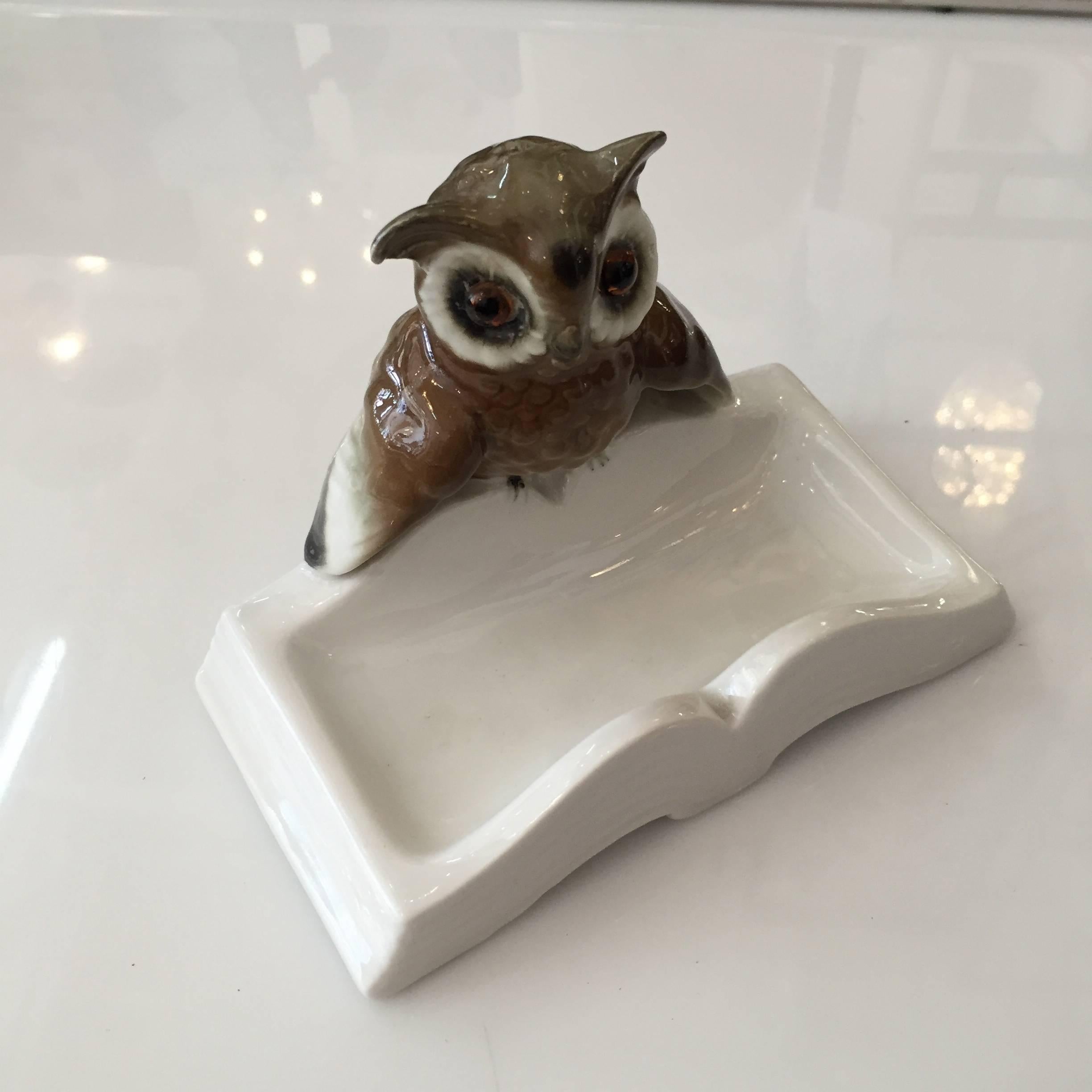 Mid-Century Modern Hand Painted Figurine Porcelain Owl on Book Ring Tray, Germany