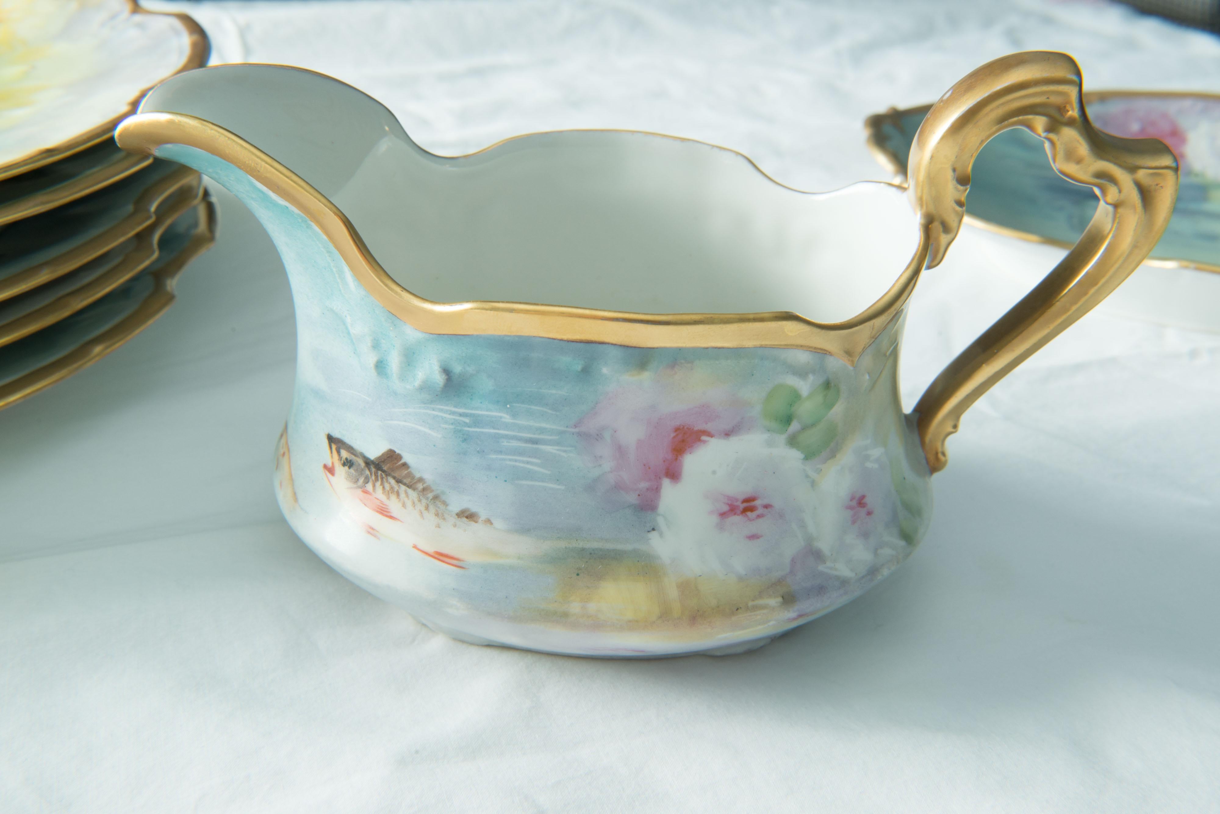 Hand-Painted Fish Set for 12, by Flambeau Limoges, France 3