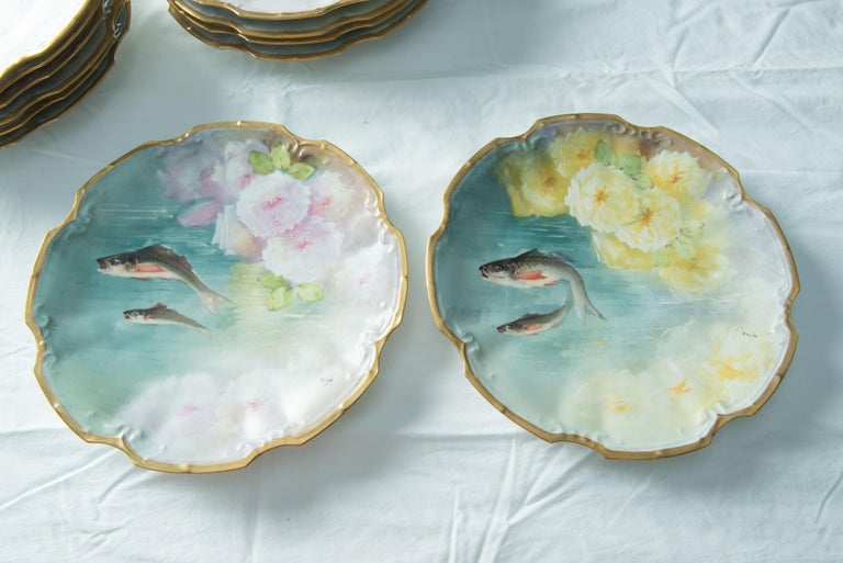 Hand-Painted Fish Set for 12, by Flambeau Limoges, France For Sale 4