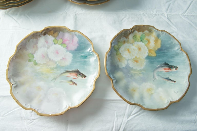 Hand-Painted Fish Set for 12, by Flambeau Limoges, France For Sale 5