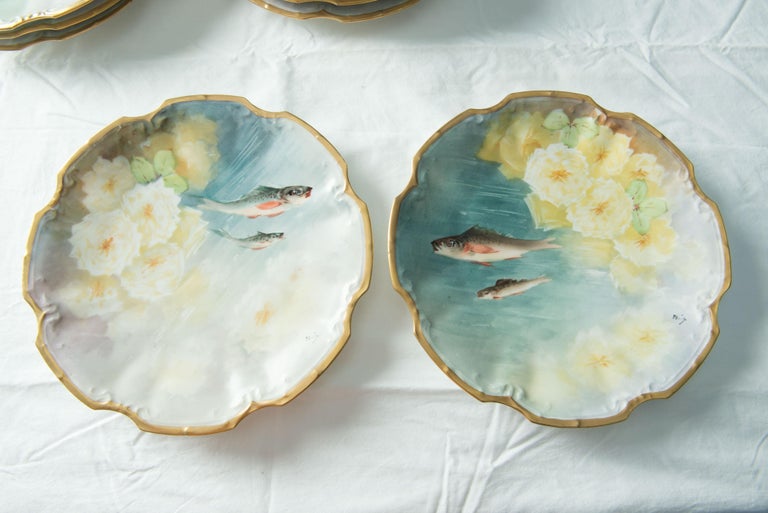 Hand-Painted Fish Set for 12, by Flambeau Limoges, France For Sale 7