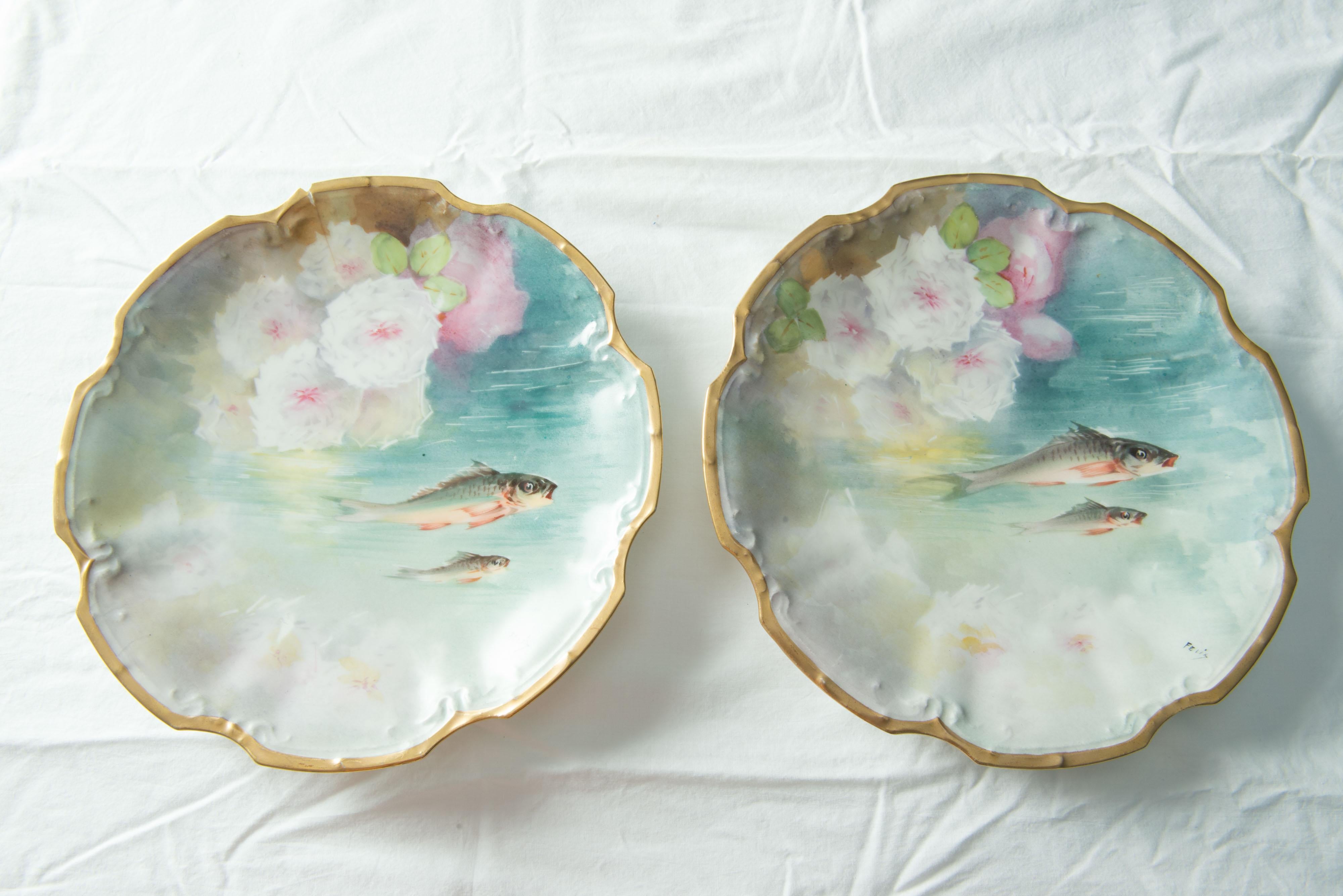 Hand-Painted Fish Set for 12, by Flambeau Limoges, France 11