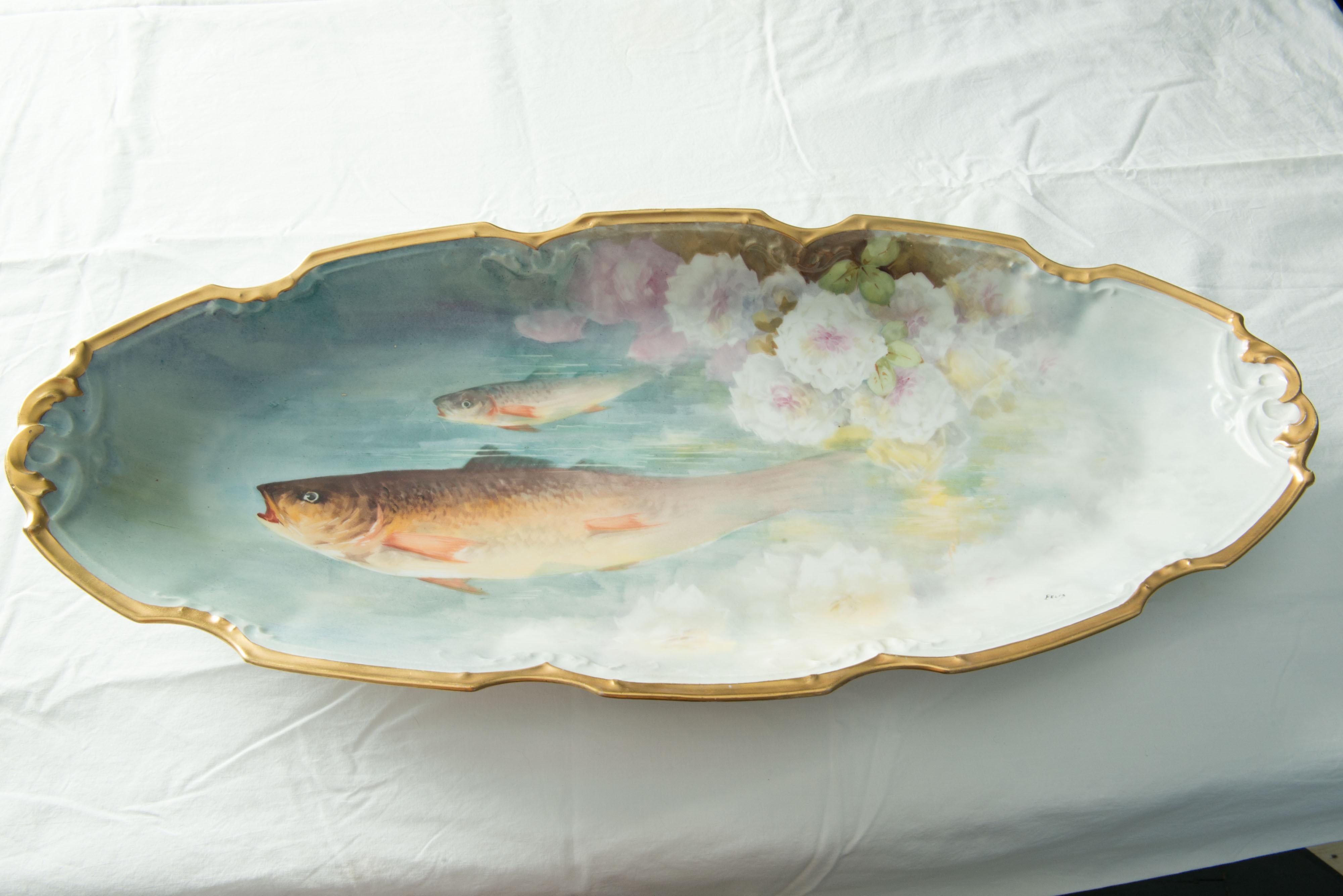 Late 19th Century Hand-Painted Fish Set for 12, by Flambeau Limoges, France