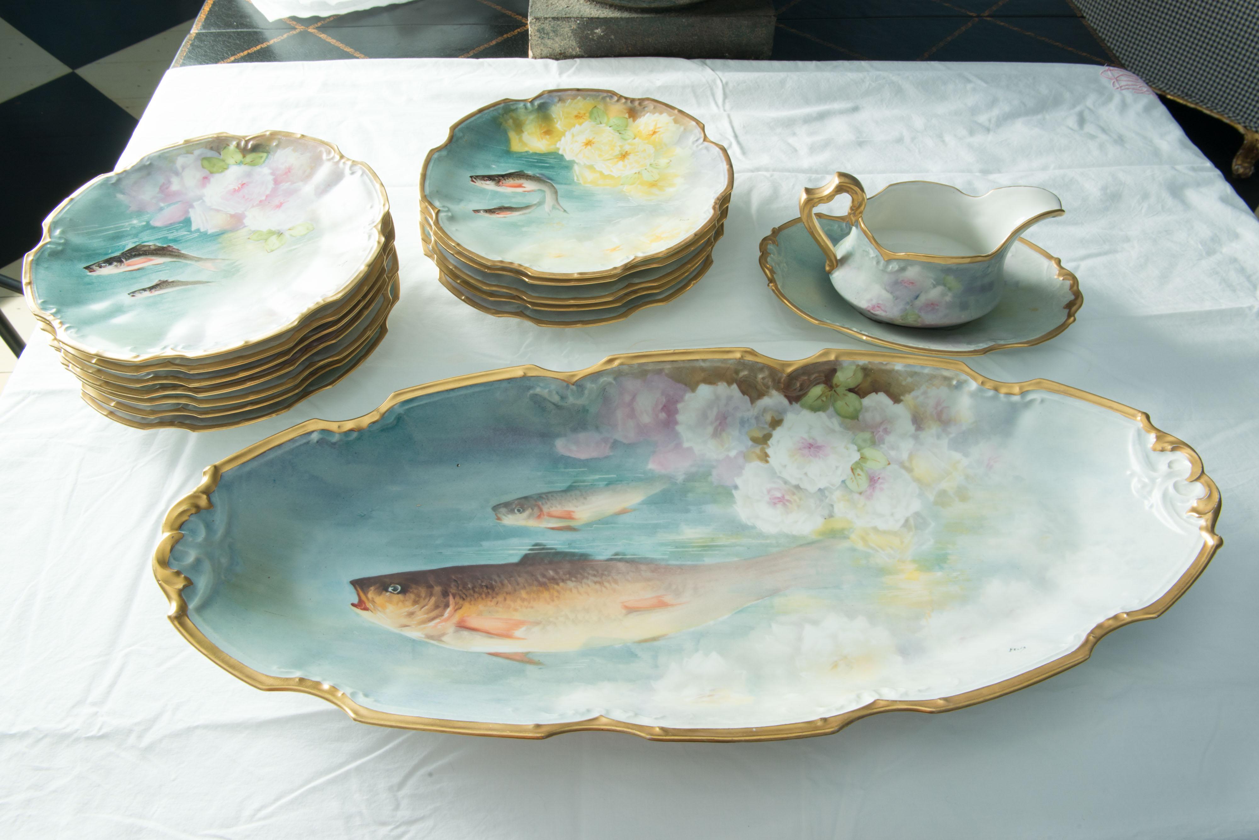 Porcelain Hand-Painted Fish Set for 12, by Flambeau Limoges, France For Sale