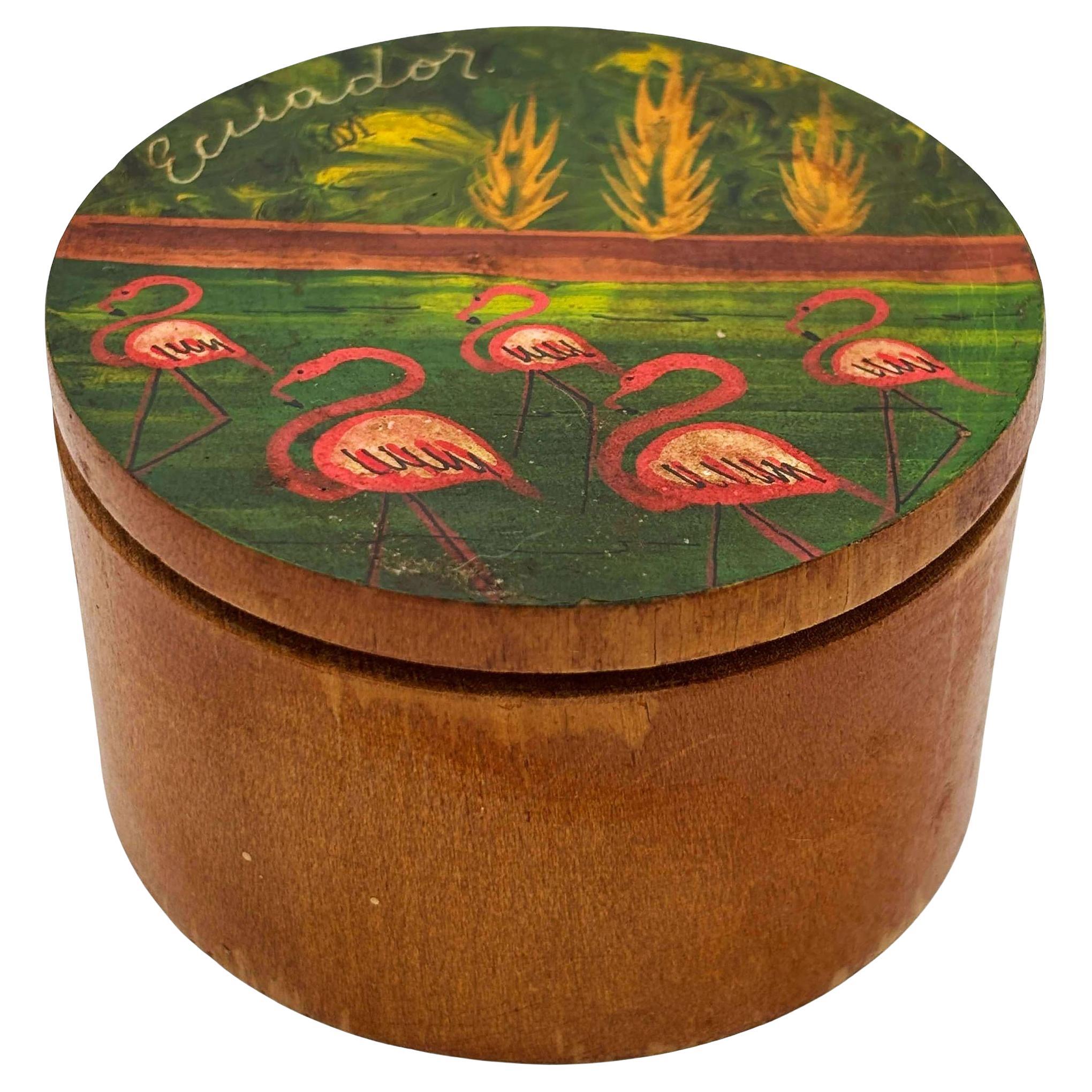 Hand-Painted Flamingo Scenic "Ecuador" Hardwood Trinket Box For Sale