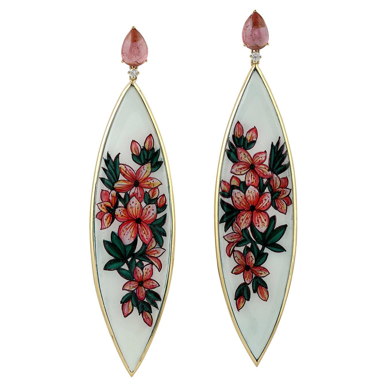 Hand-Painted Floral Bakelite Art Drop Earrings With Tourmaline 
Diamonds For Sale
