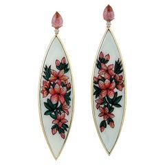 Hand-Painted Floral Bakelite Art Drop Earrings With Tourmaline 
Diamonds