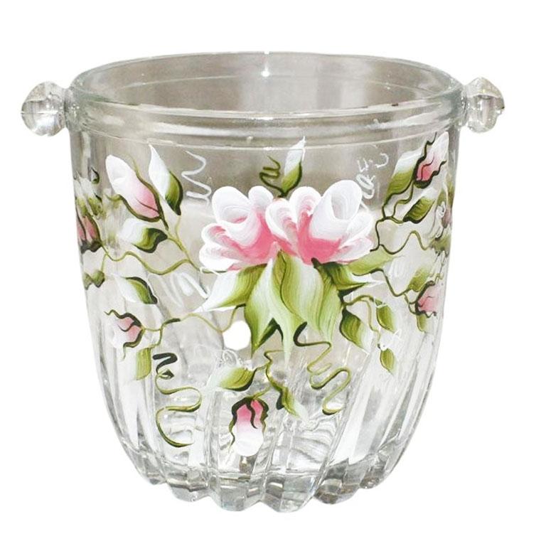 Bohemian Hand Painted Floral Ice Glass Ice Bucket or Champagne Cooler in Pink and Green For Sale