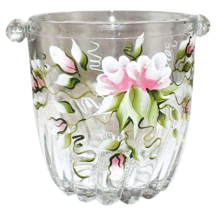 Hand Painted Floral Ice Glass Ice Bucket or Champagne Cooler in Pink and Green
