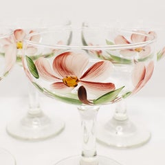 Hand-Painted Floral Motif Pink and Green Champagne Coupe glasses, Set of 4