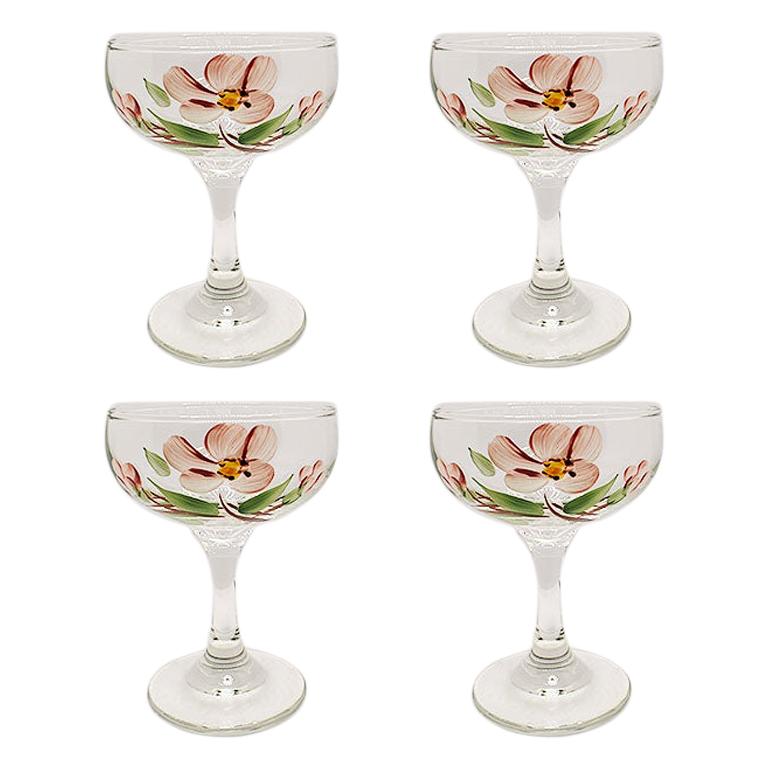 Hand-Painted Floral Motif Pink and Green Champagne Coupe glasses, Set of 4