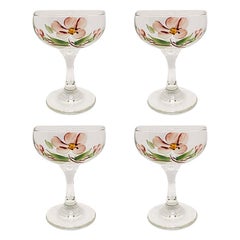 Vintage Hand-Painted Floral Motif Pink and Green Champagne Coupe glasses, Set of 4