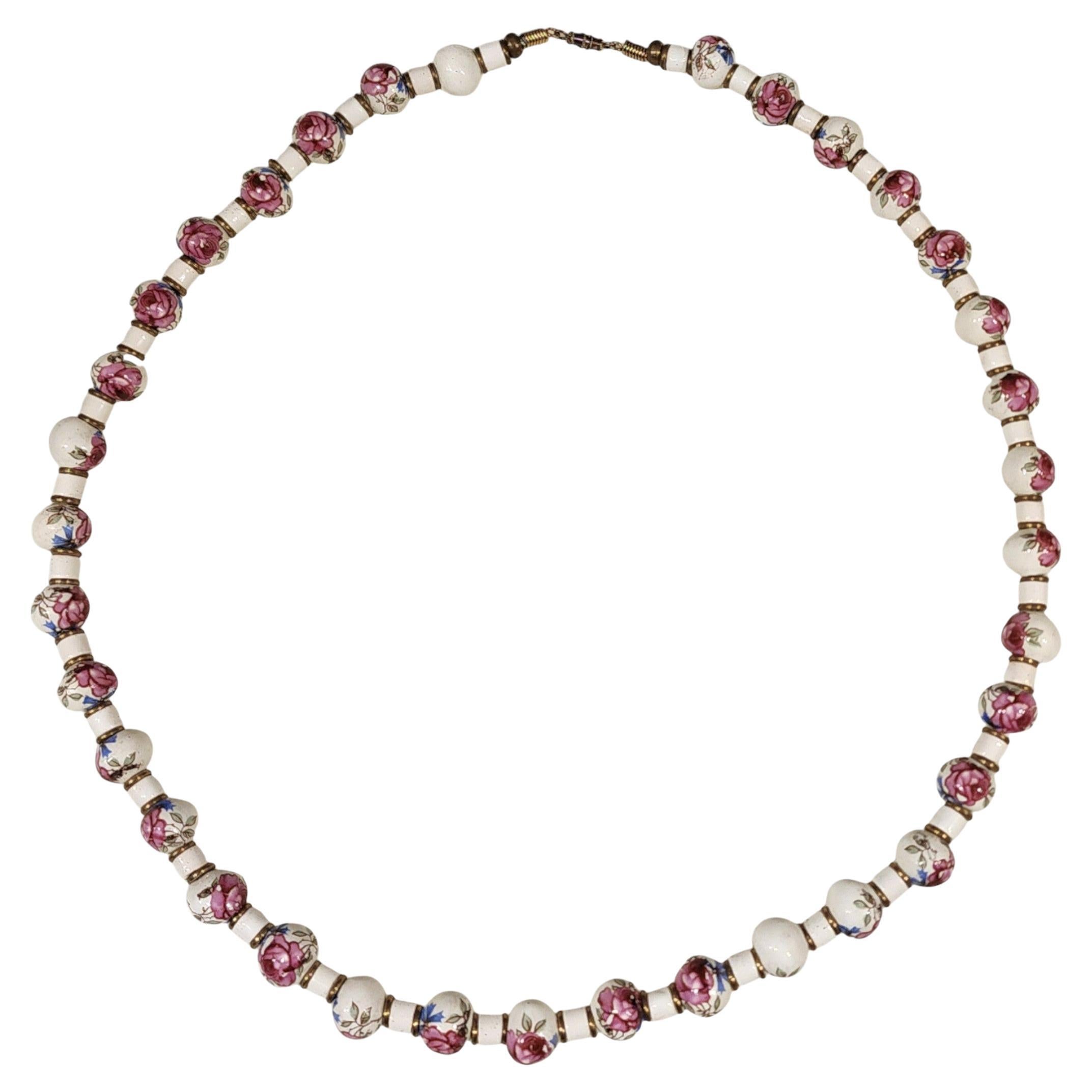 Hand-Painted Floral Porcelain Bead Necklace with Brass Spacers, 20th Century For Sale